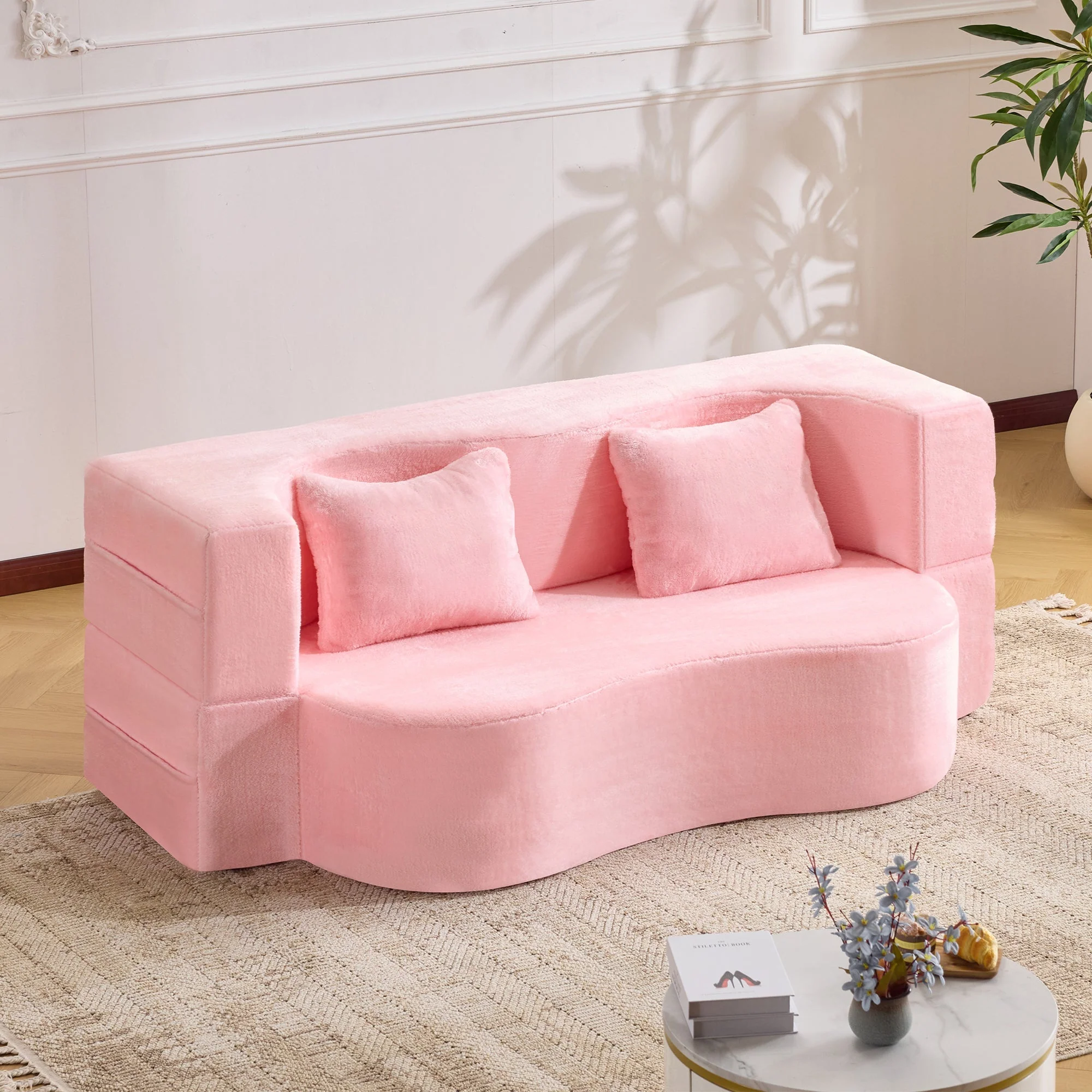 71-Inch Folding Sofa Bed in Pink Chenille with High-Density Foam - Image 15