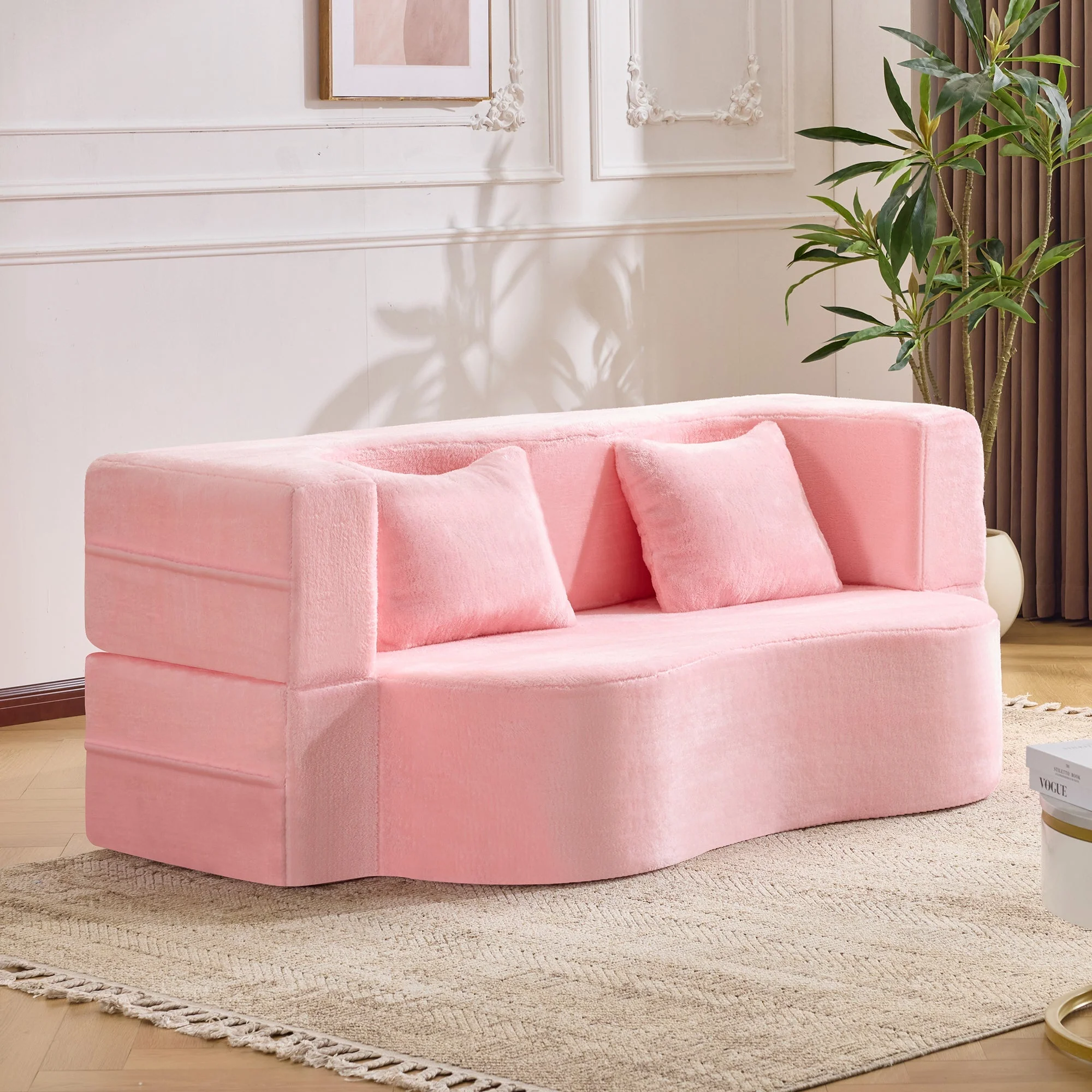 71-Inch Folding Sofa Bed in Pink Chenille with High-Density Foam - Image 16