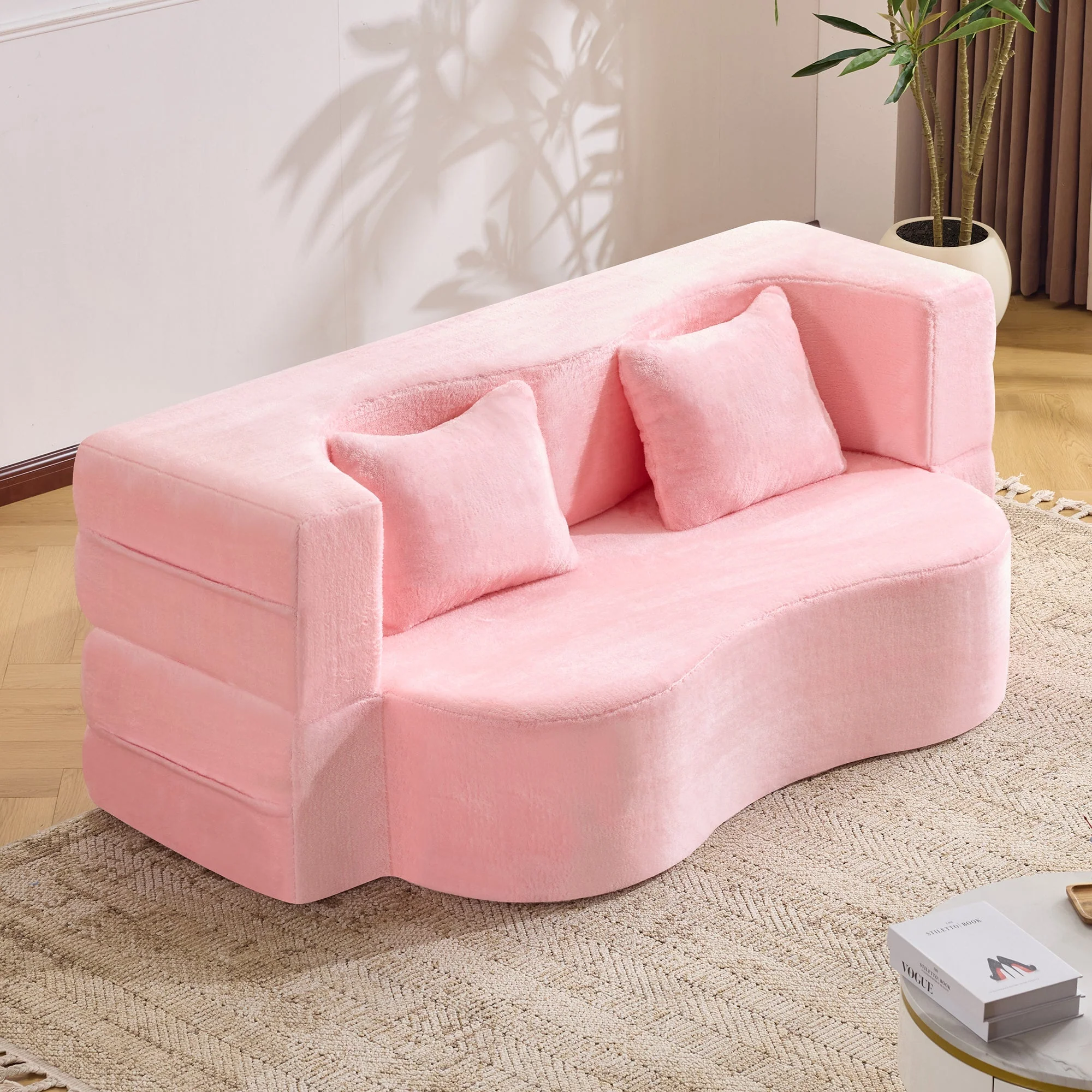 71-Inch Folding Sofa Bed in Pink Chenille with High-Density Foam - Image 17
