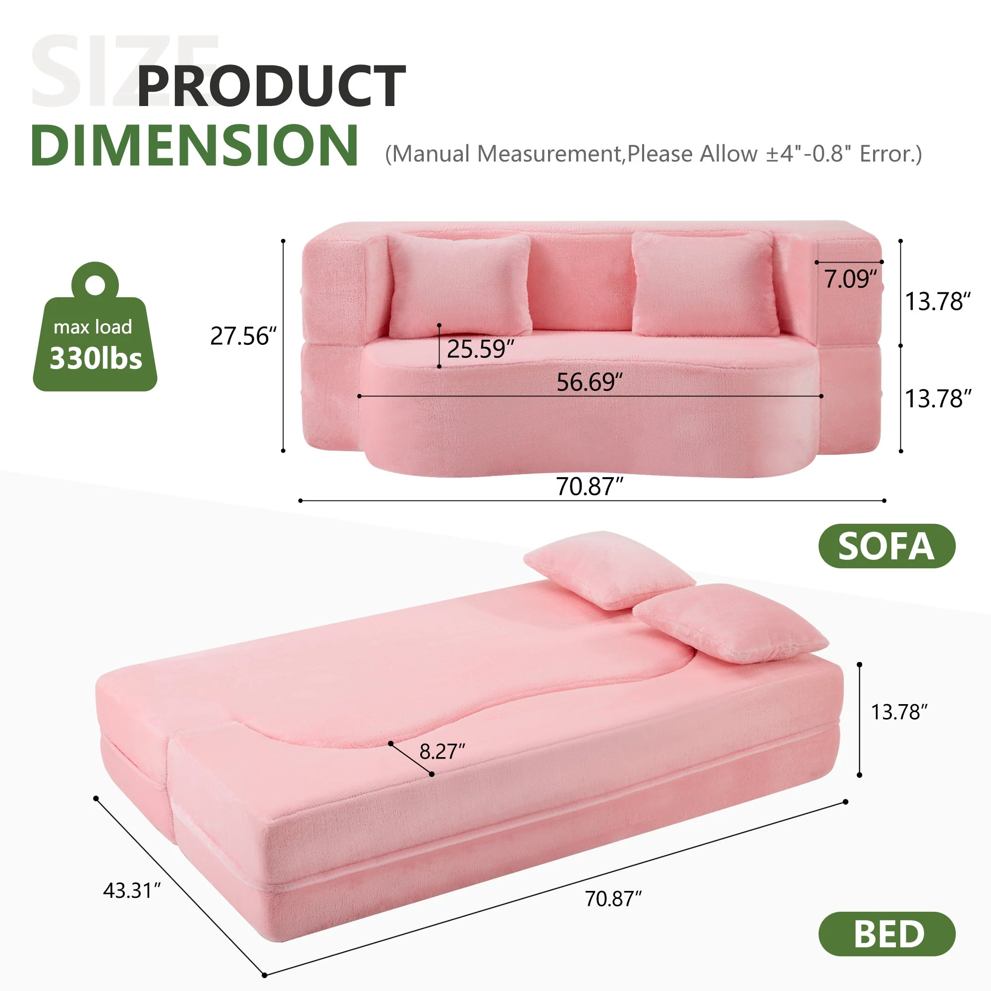 71-Inch Folding Sofa Bed in Pink Chenille with High-Density Foam - Image 2