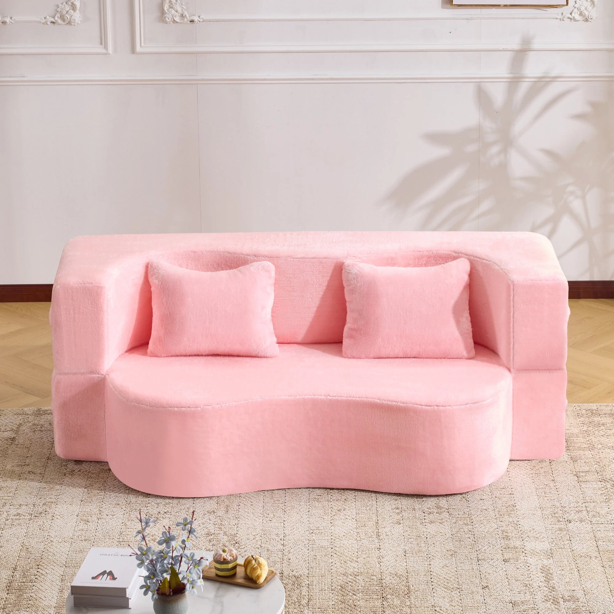71-Inch Folding Sofa Bed in Pink Chenille with High-Density Foam - Image 21