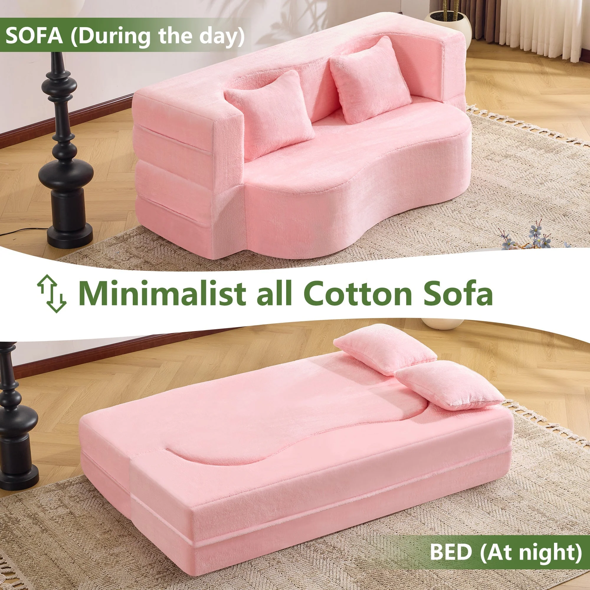 71-Inch Folding Sofa Bed in Pink Chenille with High-Density Foam - Image 3