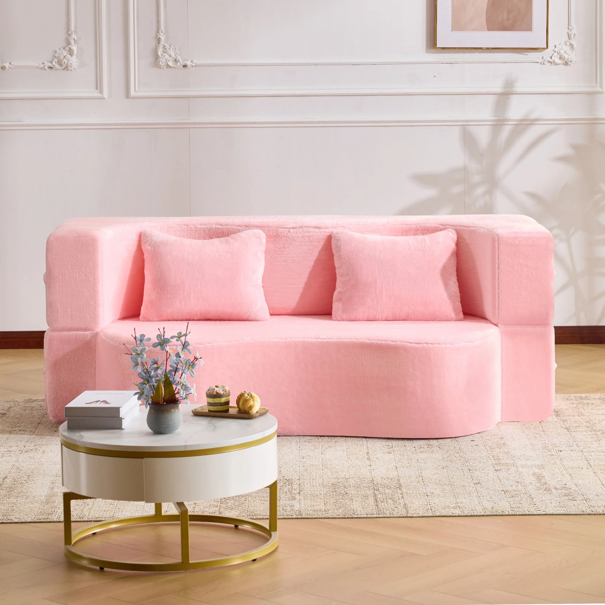 71-Inch Folding Sofa Bed in Pink Chenille with High-Density Foam - Image 9