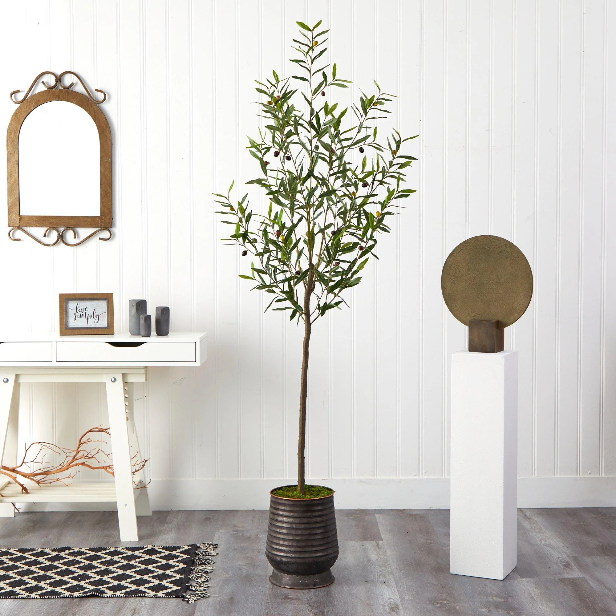 75” Olive Artificial Tree in Ribbed Metal Planter - Image 3