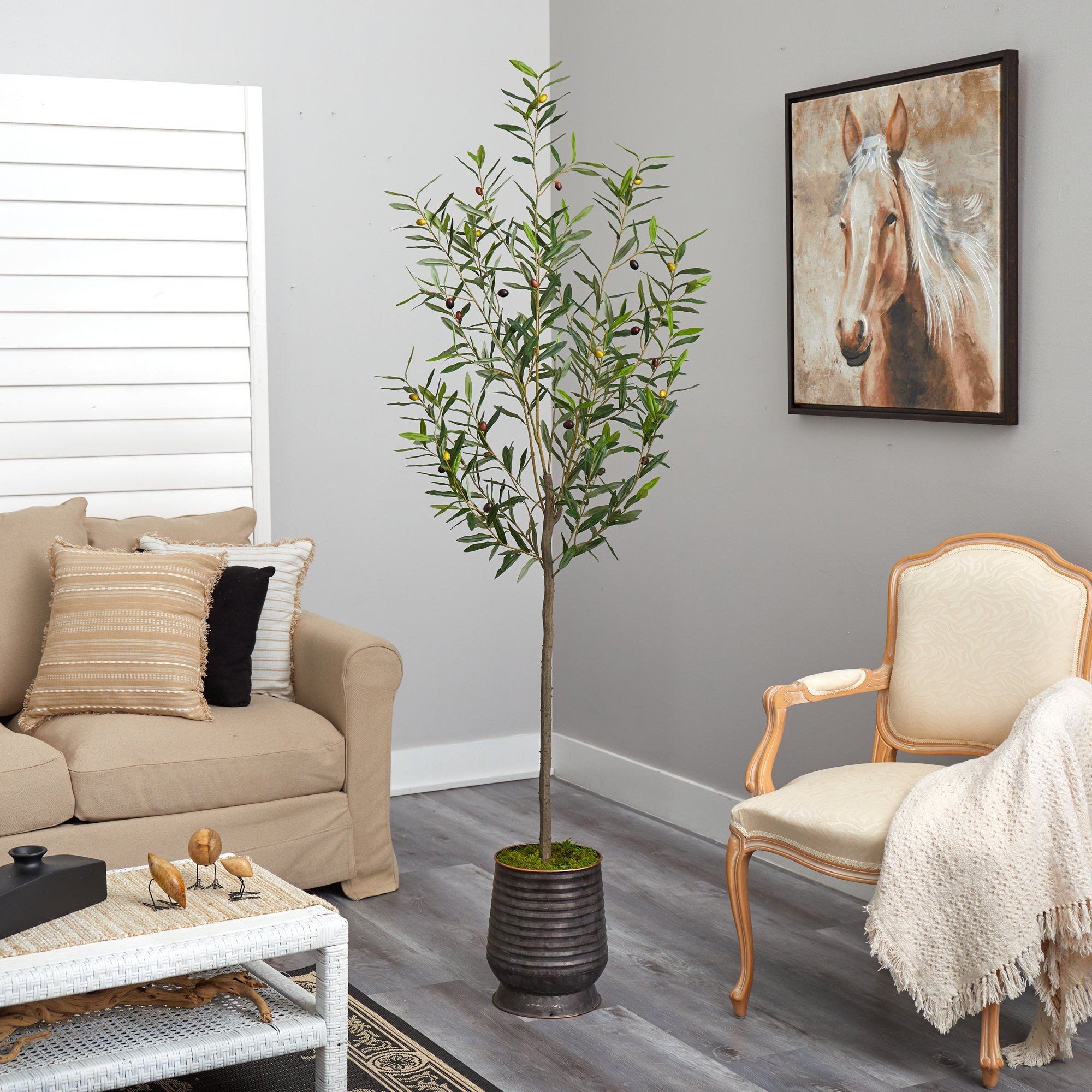 75” Olive Artificial Tree in Ribbed Metal Planter - Image 4