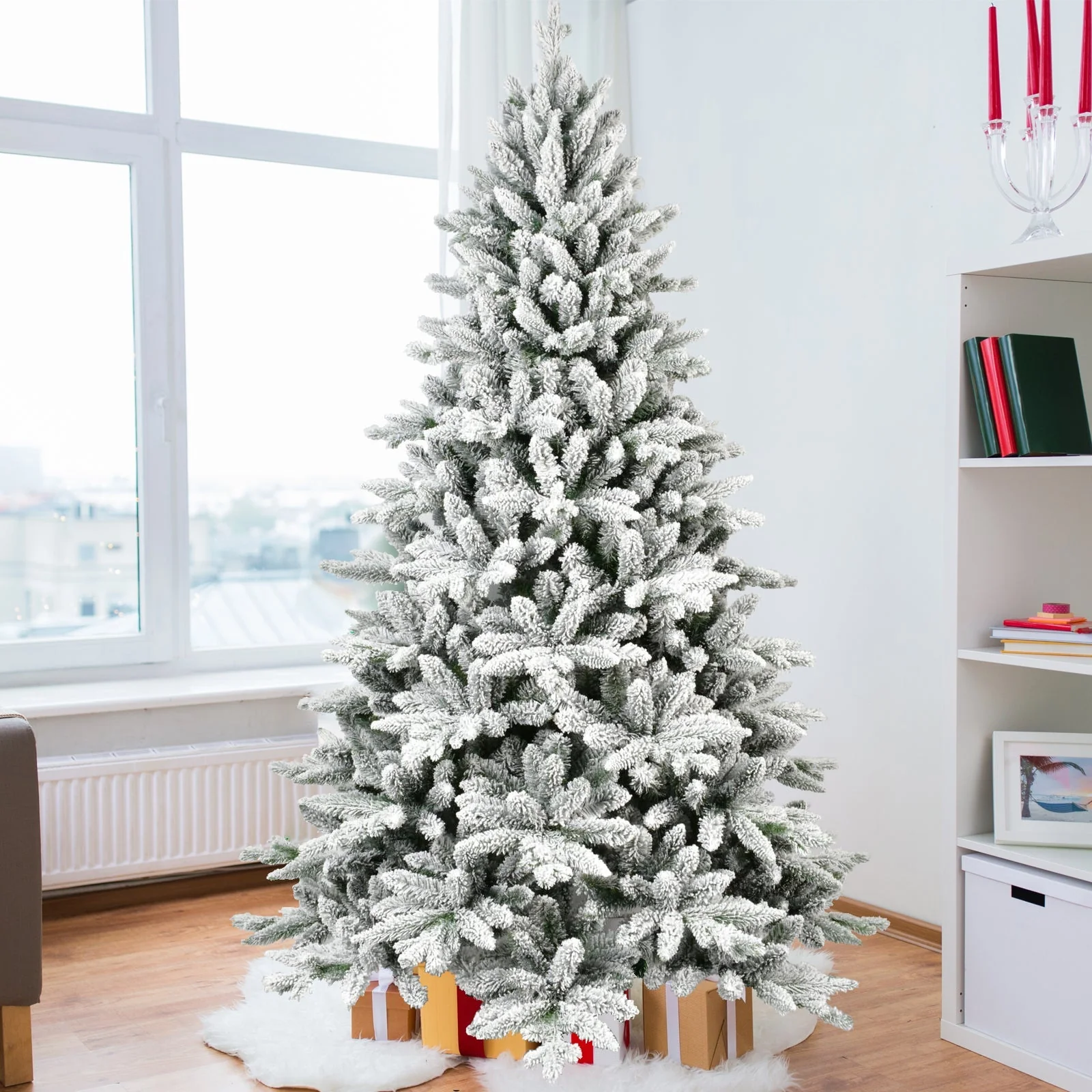 7ft Flocked Christmas Tree with 1514 Tips Realistic Snowy Hinged Tree - Image 2