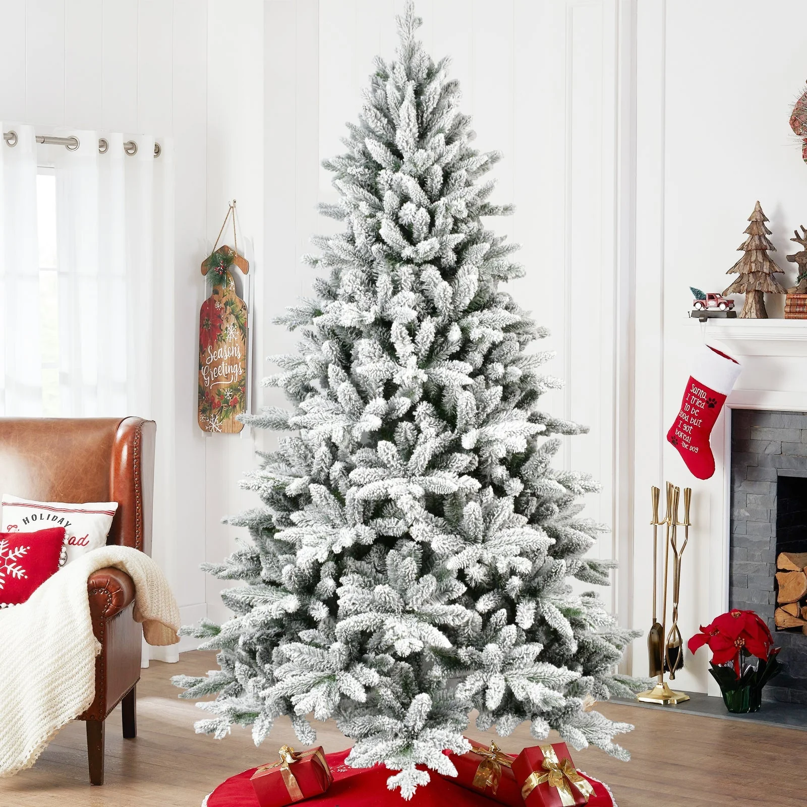 7ft Flocked Christmas Tree with 1514 Tips Realistic Snowy Hinged Tree - Image 4