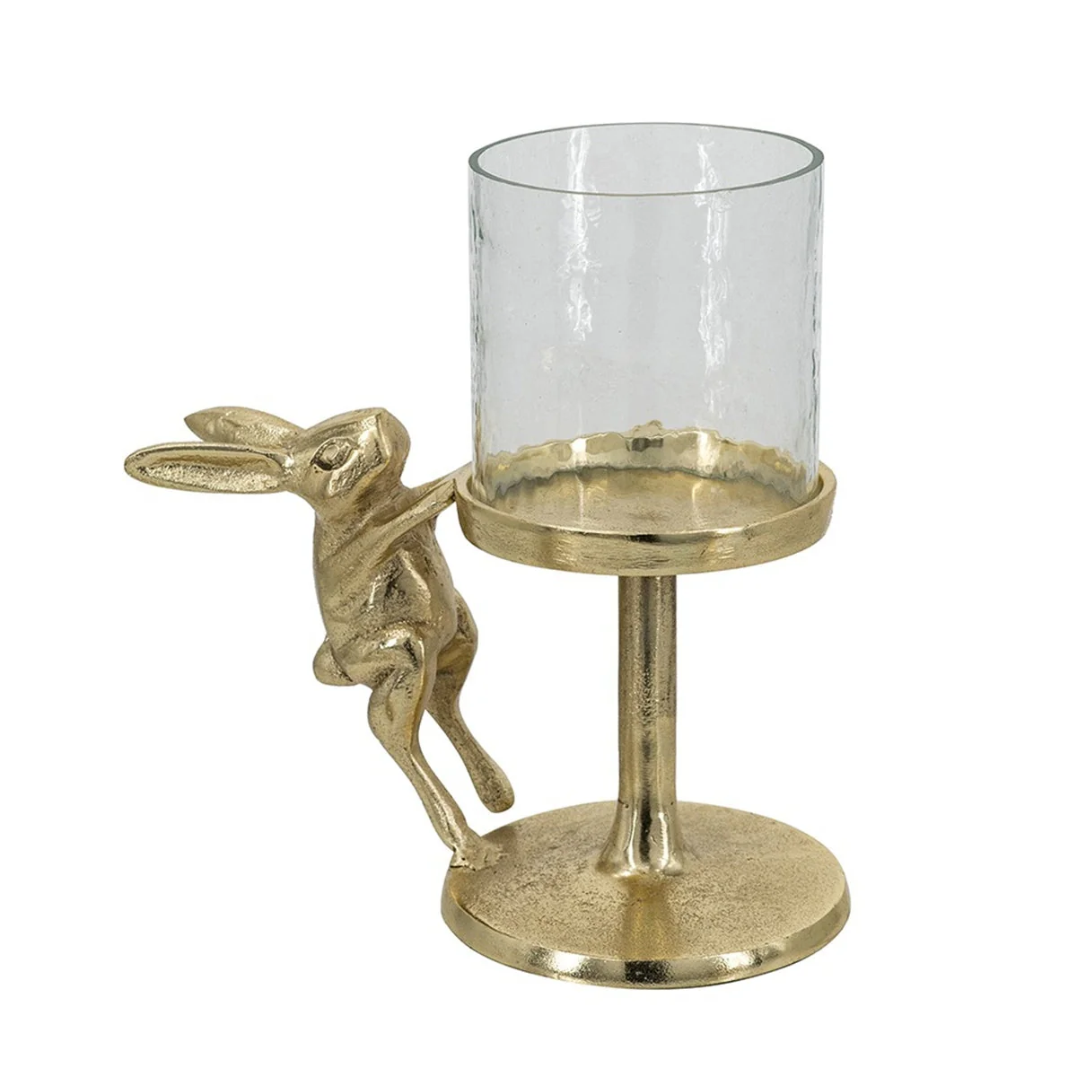 7x4x7.5' Gold Rabbit Pillar Candle Holder with Clear Glass Hurricane Shade - Image 2