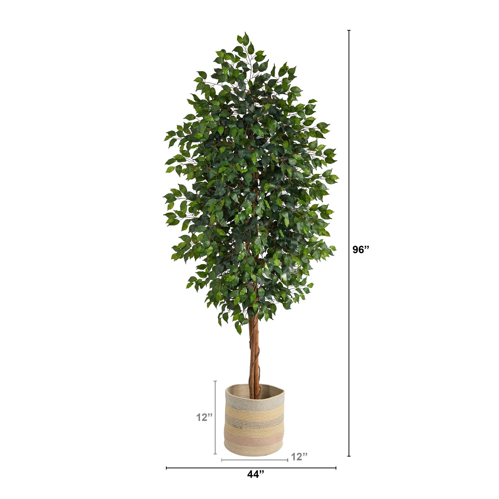 8’ Ficus Artificial Tree with Handmade Natural Cotton Multicolored Woven Planter - Image 2