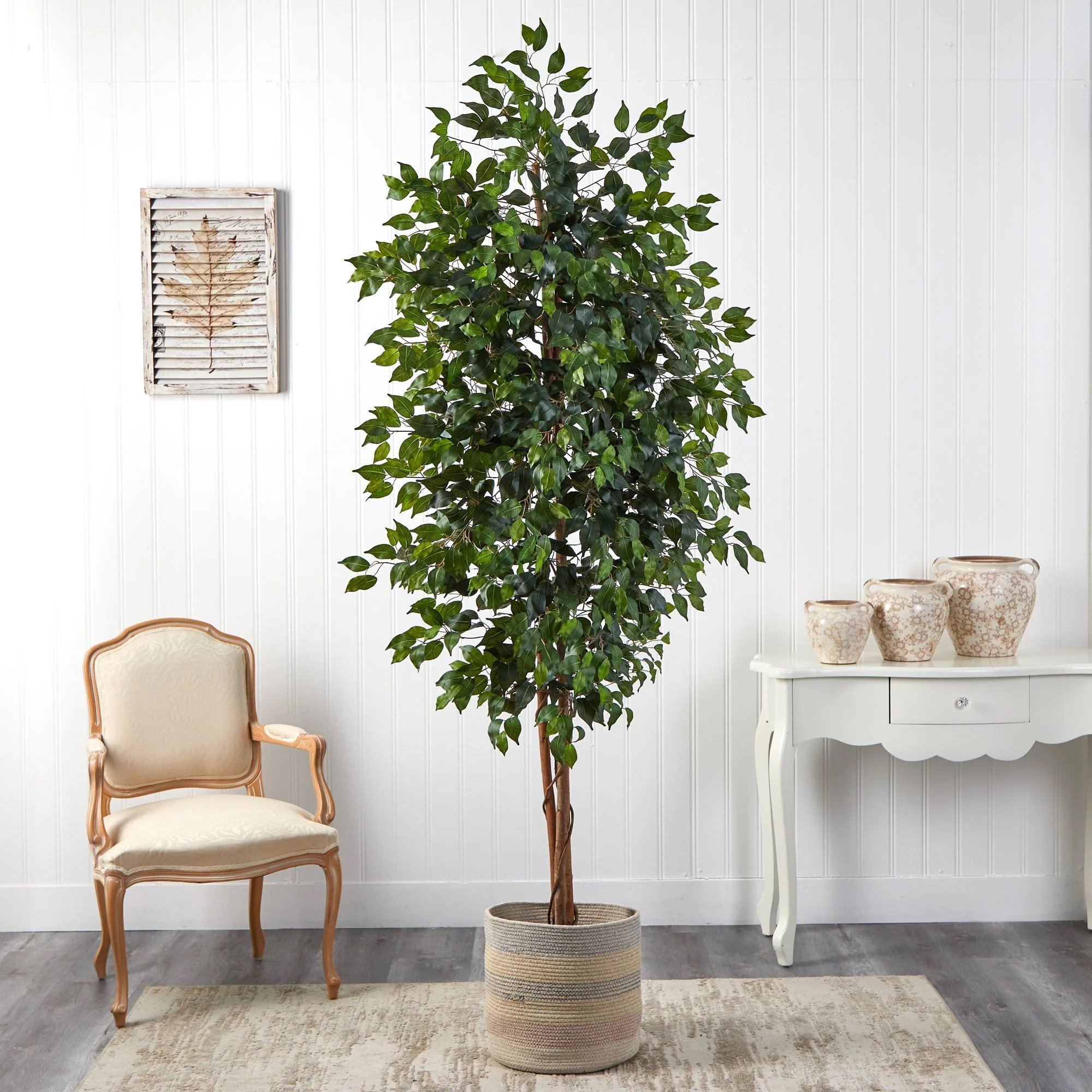 8’ Ficus Artificial Tree with Handmade Natural Cotton Multicolored Woven Planter - Image 3
