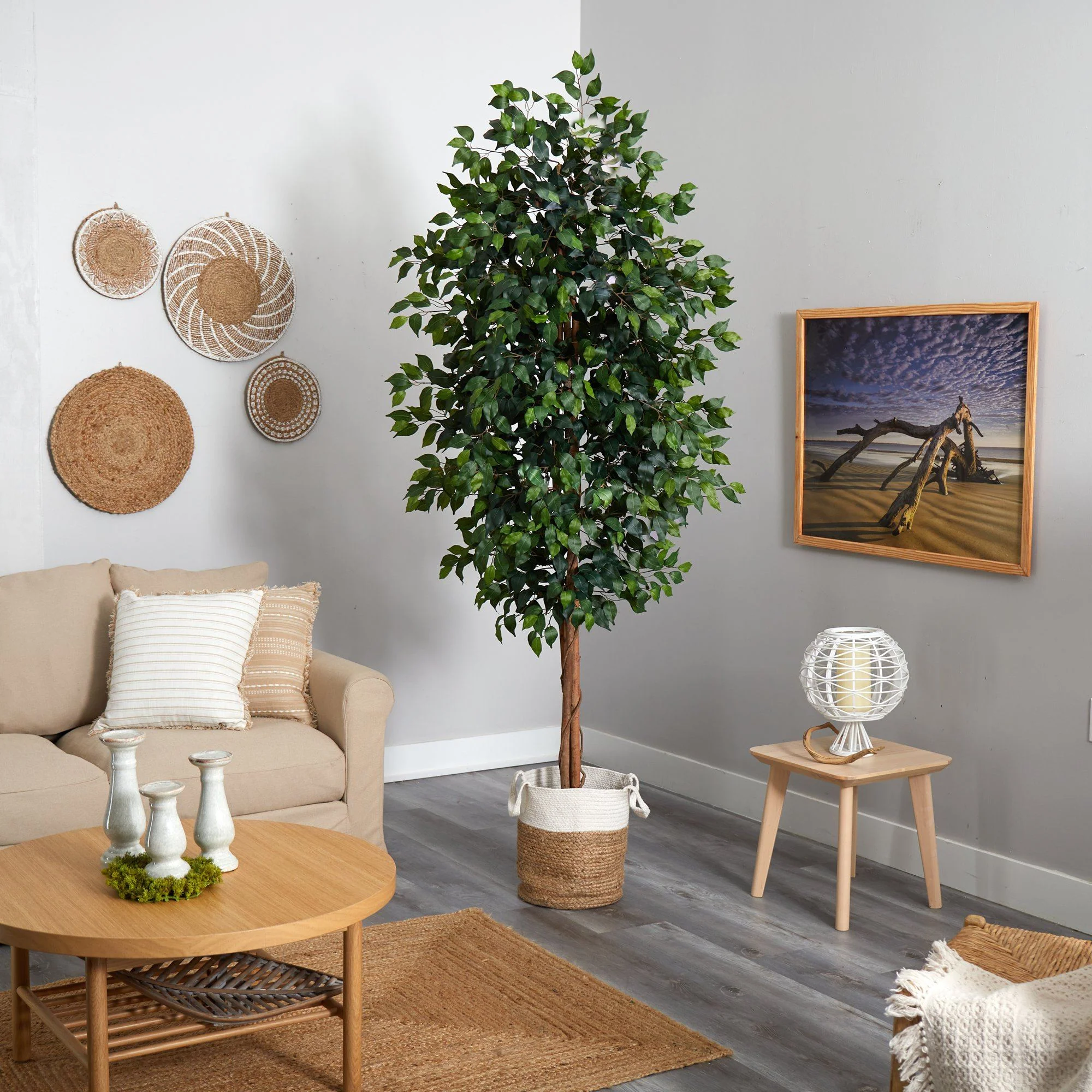 8’ Ficus Artificial Tree with Handmade Natural Jute and Cotton Planter - Image 4