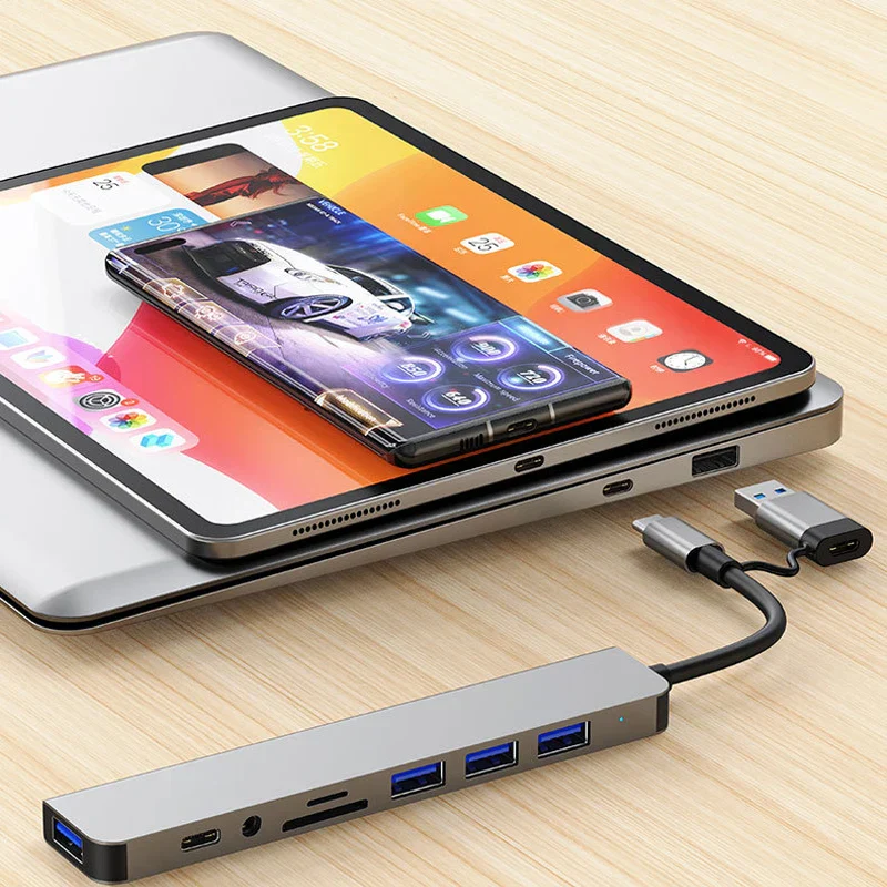 8-in-2 USB Type-C Hub Docking Station with Audio Jack Micro SD Adapter Converter - Image 2