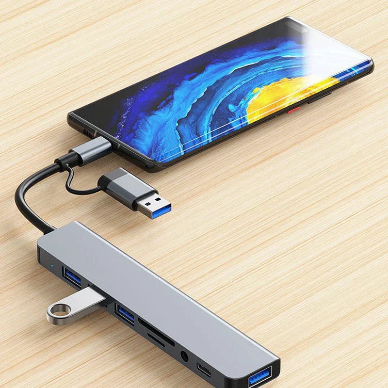 8-in-2 USB Type-C Hub Docking Station with Audio Jack Micro SD Adapter Converter - Image 3