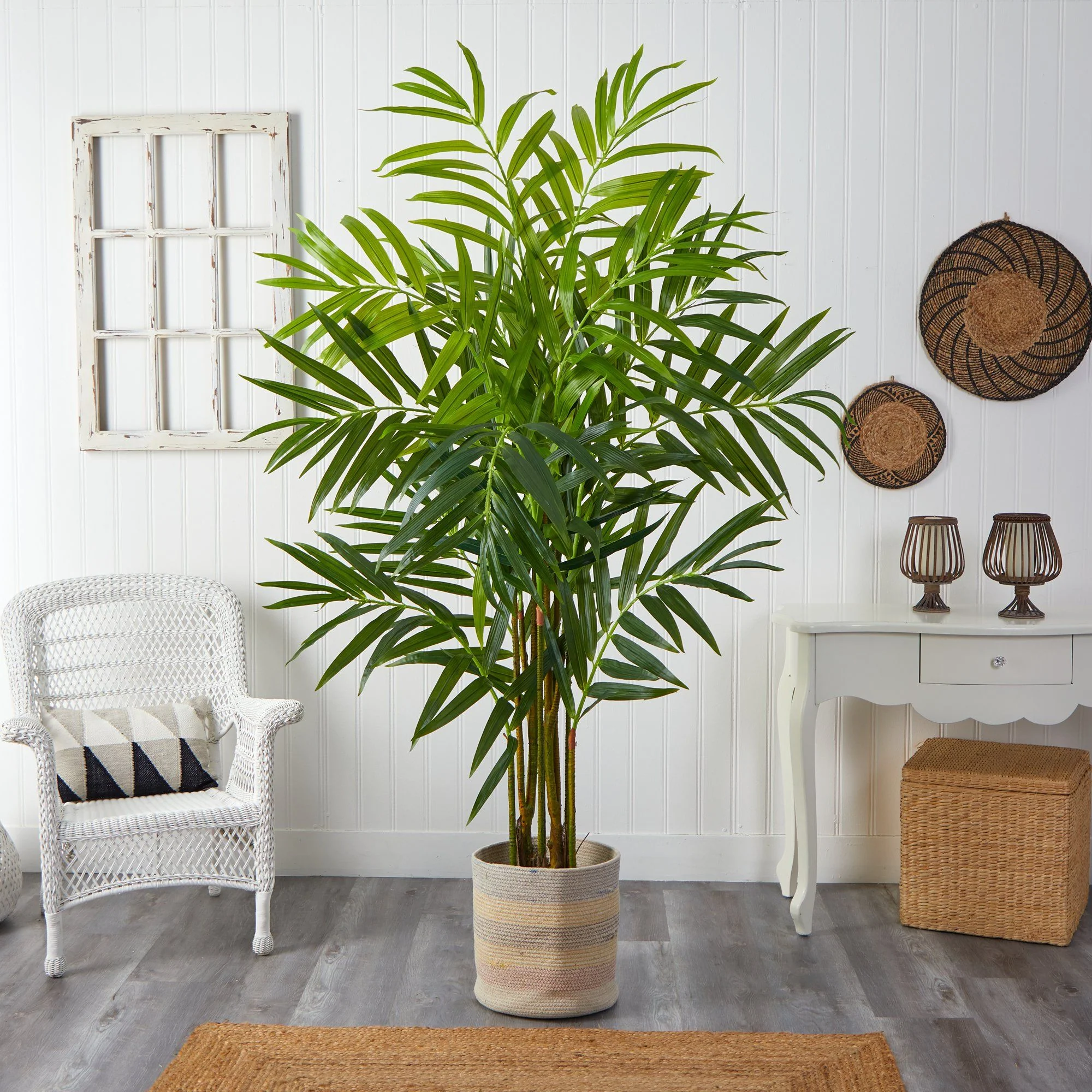 8’ King Palm Artificial Tree in Handmade Natural Cotton Multicolored Woven Planter - Image 3