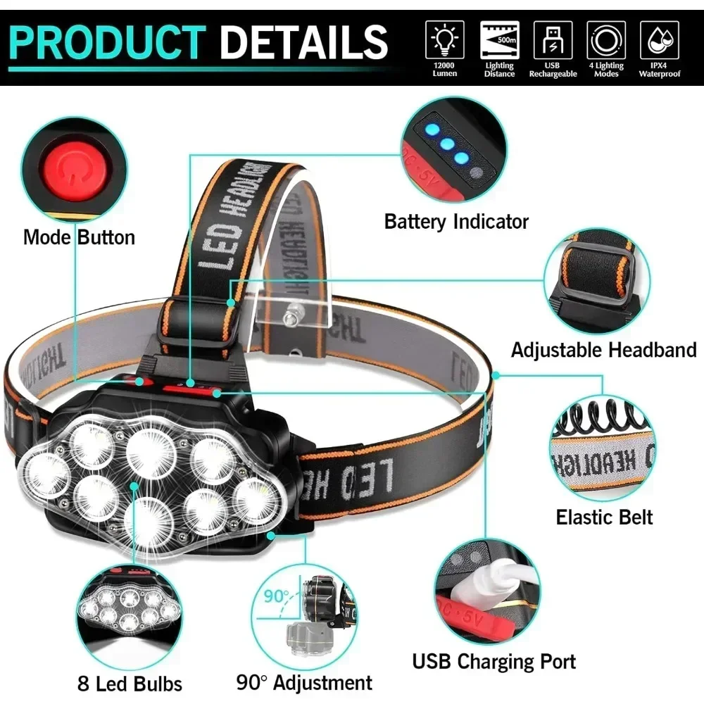 8 LED Rechargeable Headlamp Powerful Headlight for Camping Fishing Hiking - Image 6