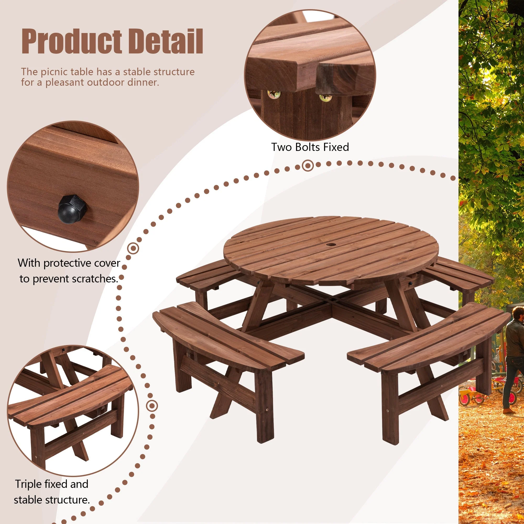 8 Person Wooden Picnic Table Outdoor Camping Dining Table with Seat - Image 3