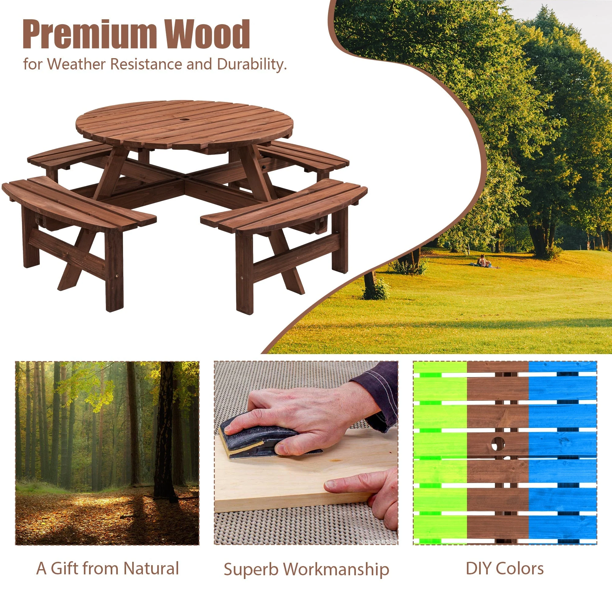 8 Person Wooden Picnic Table Outdoor Camping Dining Table with Seat - Image 6