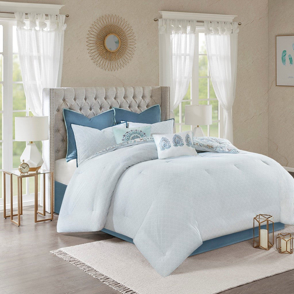 8 Piece Cotton Floral Printed Reversible Comforter Set Blue - Image 2