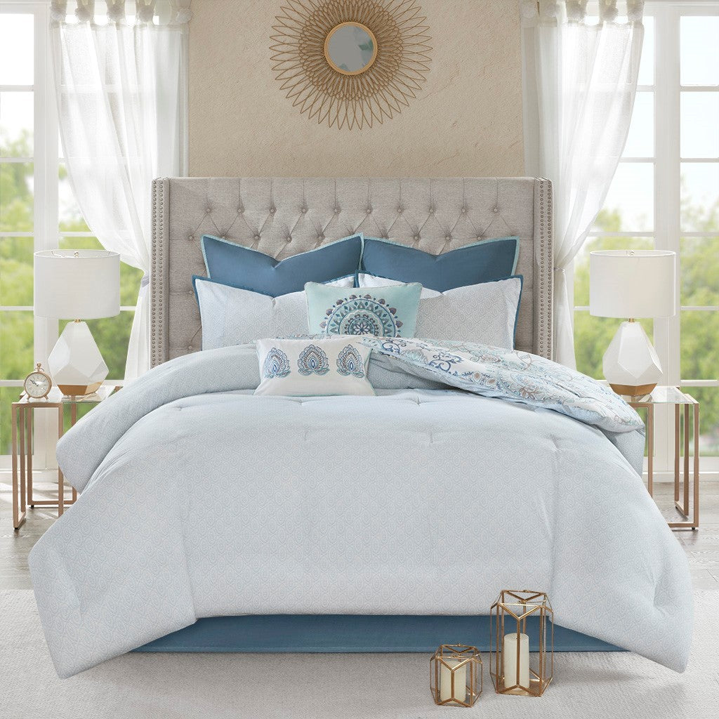 8 Piece Cotton Floral Printed Reversible Comforter Set Blue - Image 21