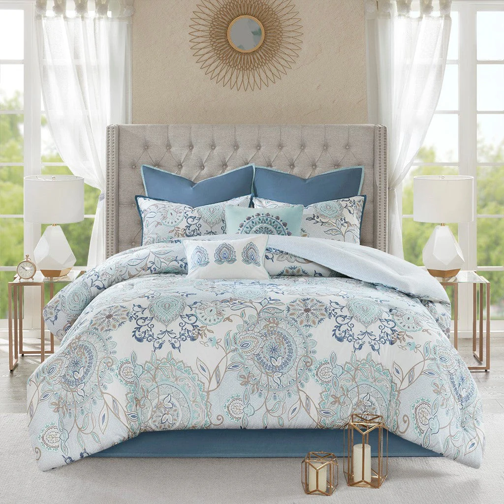 8 Piece Cotton Floral Printed Reversible Comforter Set Blue - Image 27