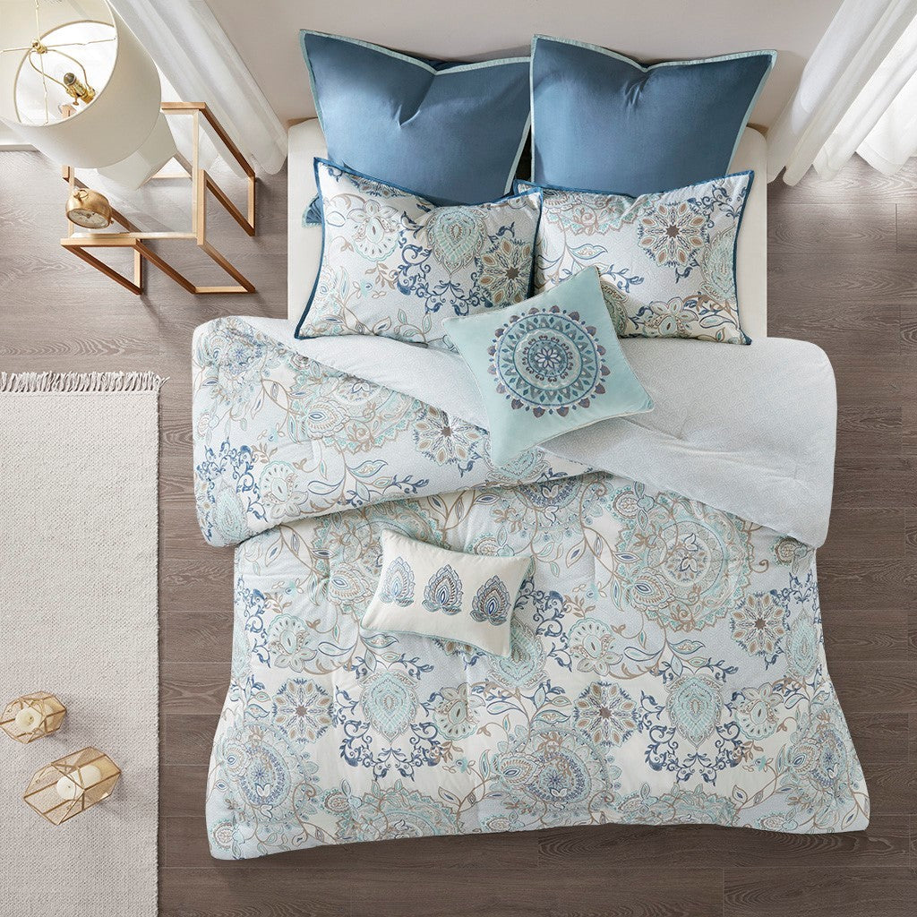 8 Piece Cotton Floral Printed Reversible Comforter Set Blue - Image 41