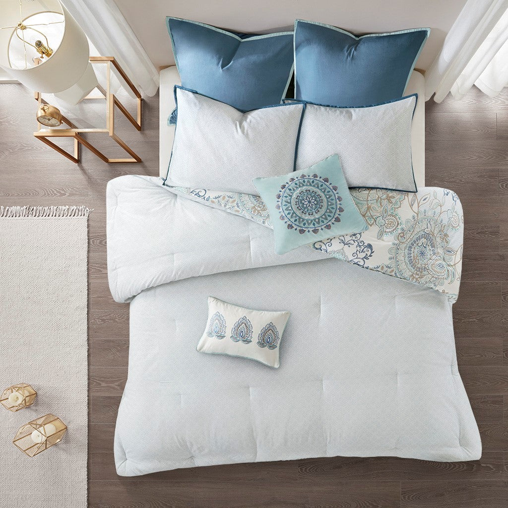 8 Piece Cotton Floral Printed Reversible Comforter Set Blue - Image 48