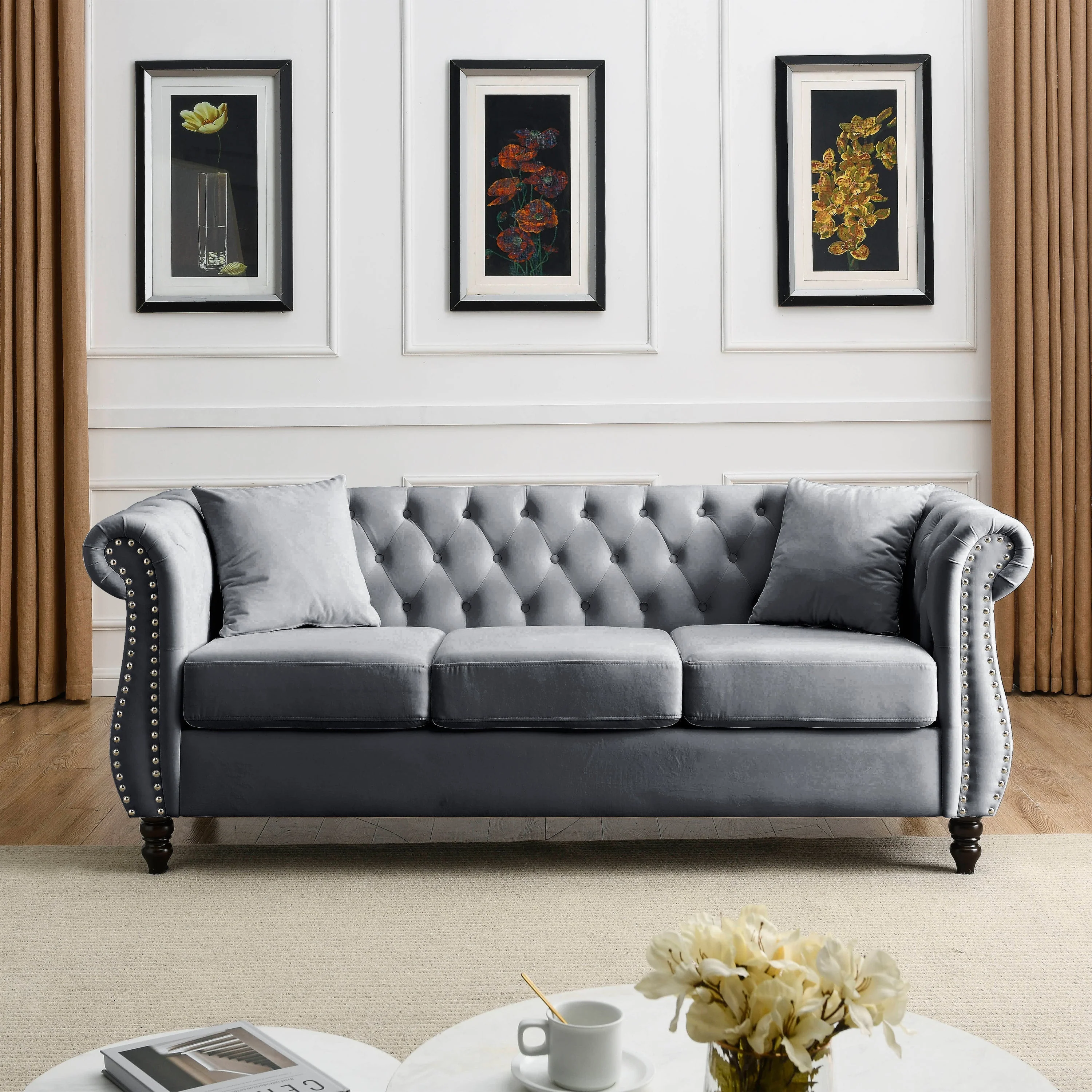 80" Grey Velvet Chesterfield Sofa - Image 2