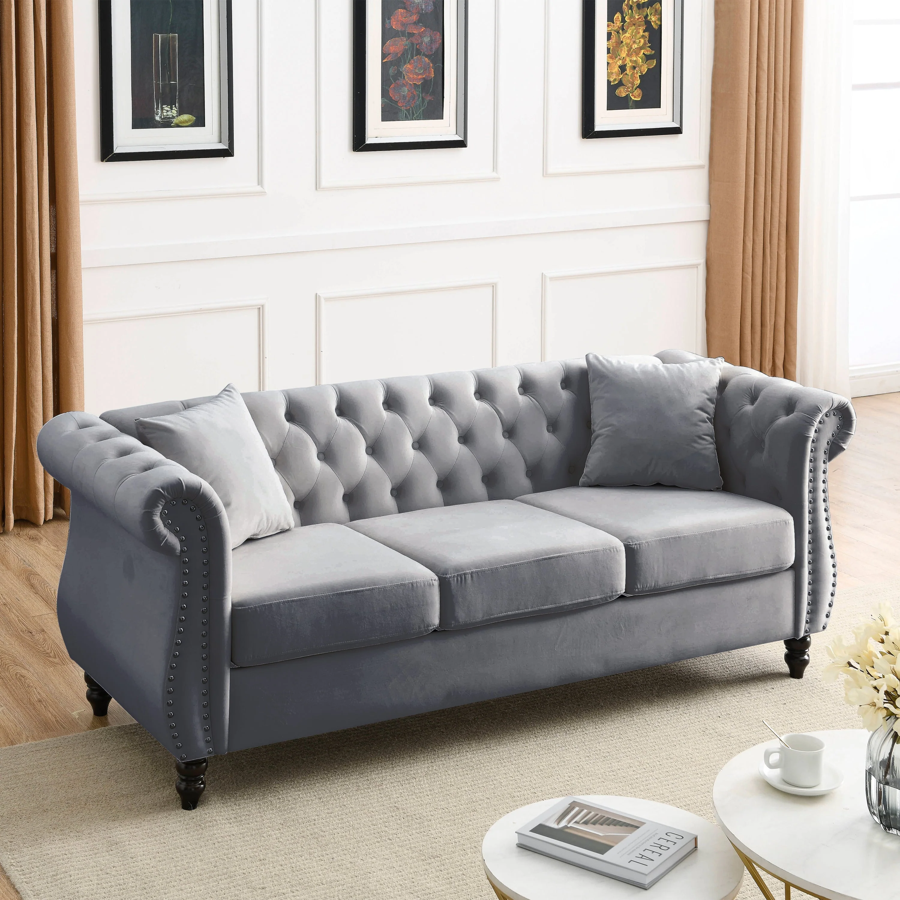 80" Grey Velvet Chesterfield Sofa - Image 3