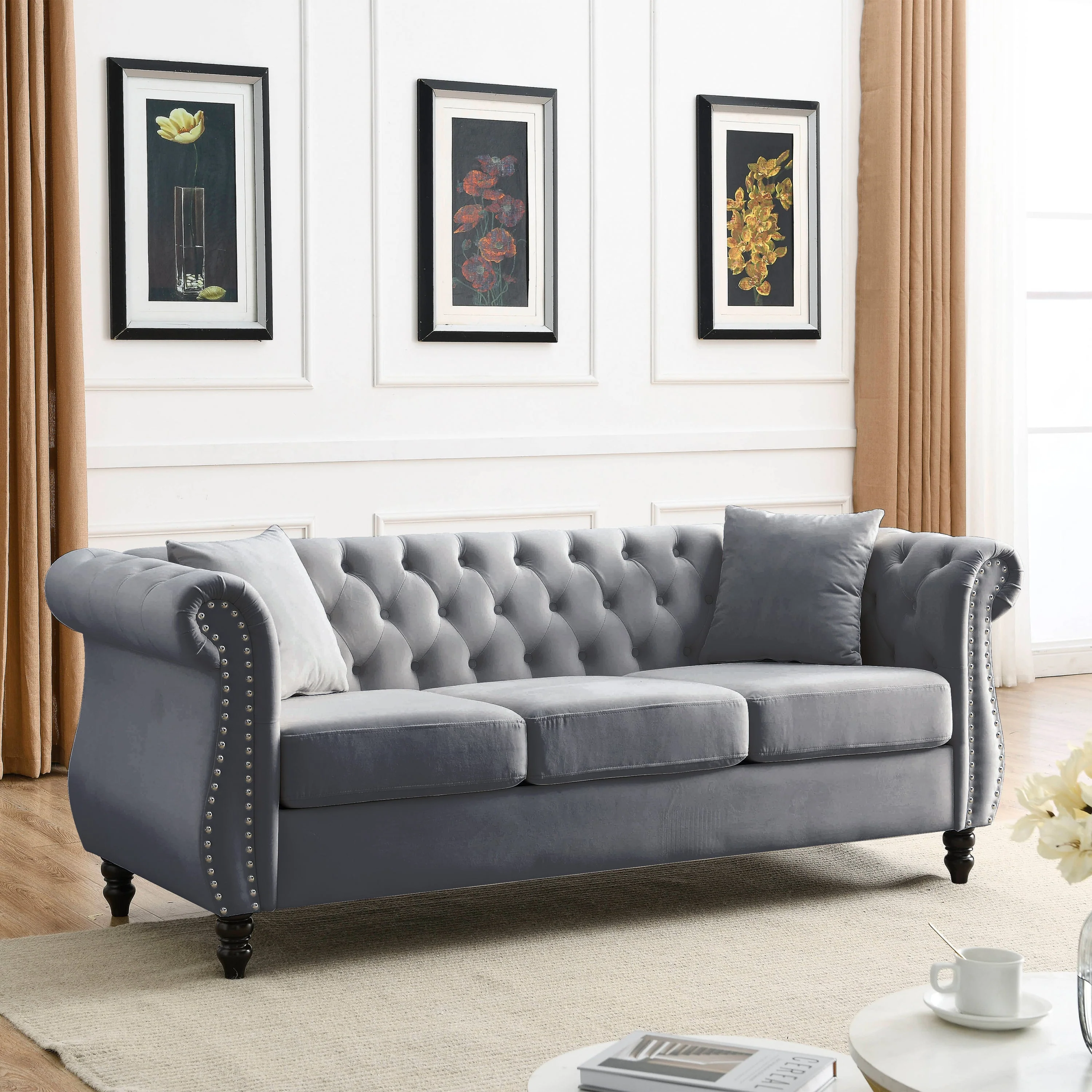 80" Grey Velvet Chesterfield Sofa - Image 4