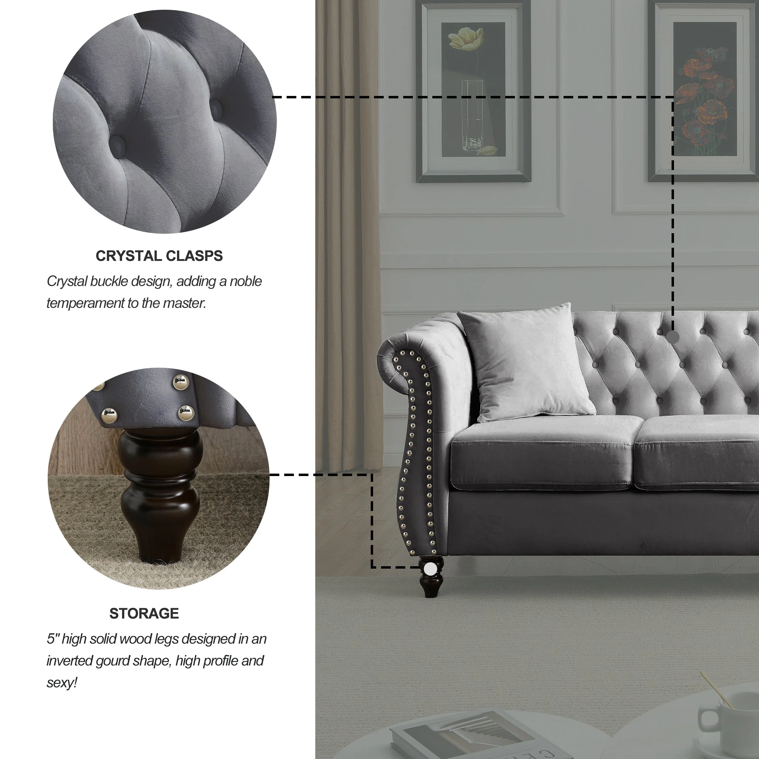 80" Grey Velvet Chesterfield Sofa - Image 6