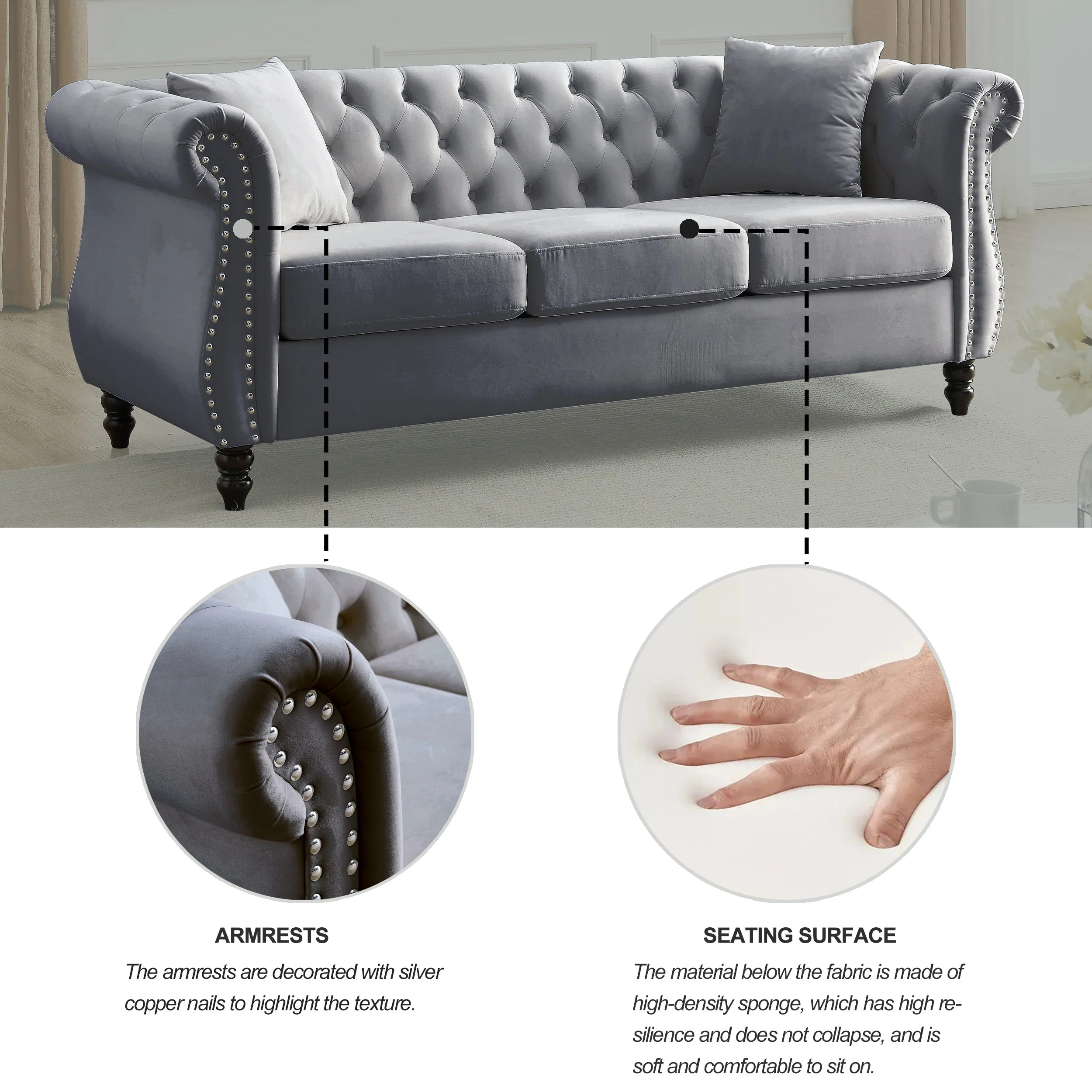 80" Grey Velvet Chesterfield Sofa - Image 7