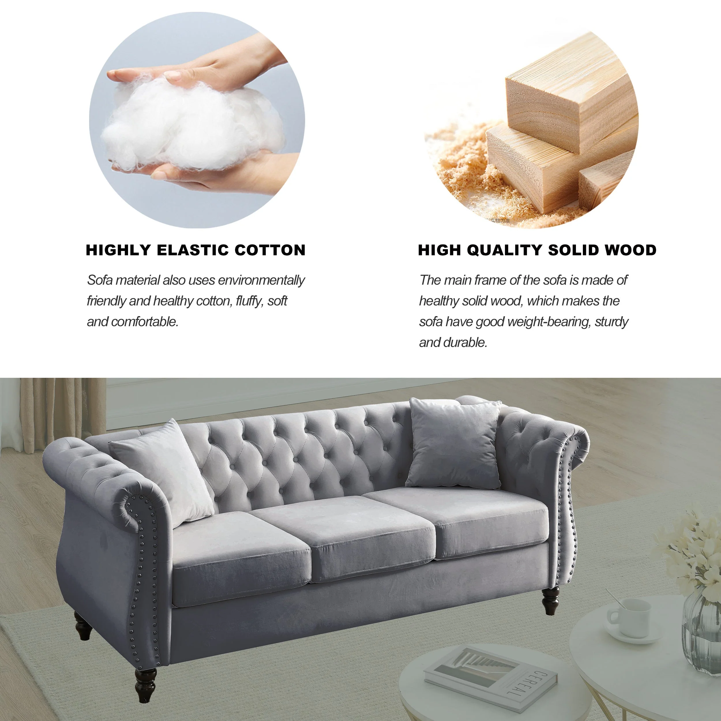 80" Grey Velvet Chesterfield Sofa - Image 8