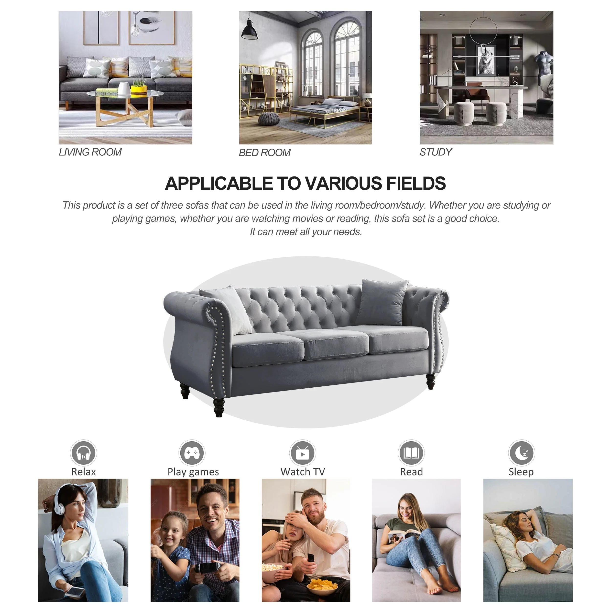 80" Grey Velvet Chesterfield Sofa - Image 9