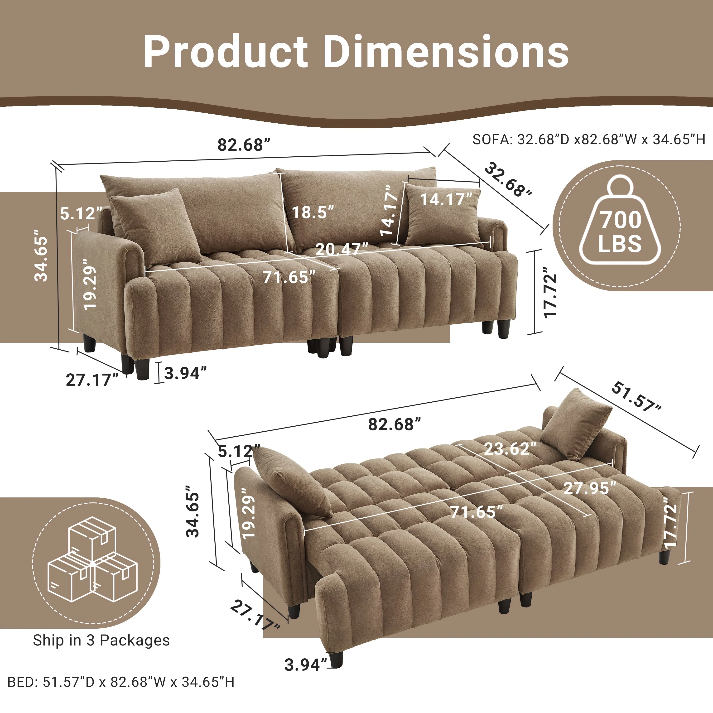 83'' Futon Sofa Bed with Adjustable Backrest and 2 Pillows - Image 5