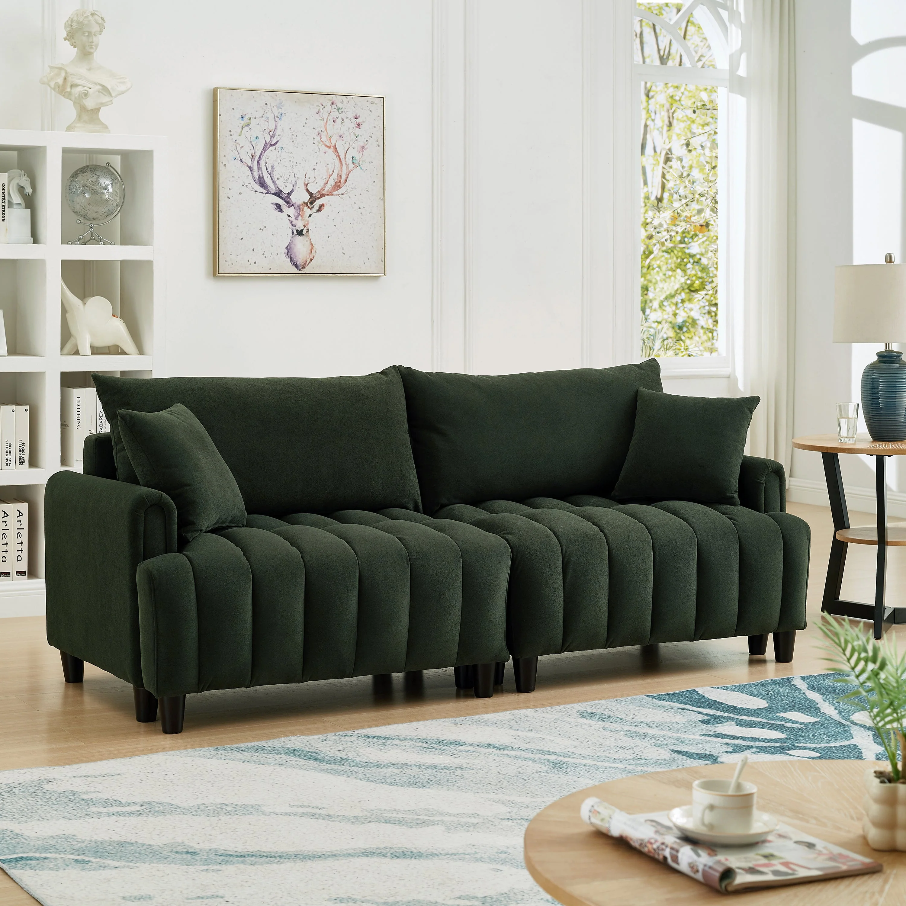 83'' Futon Sofa Bed with Polyester Fabric and 2 Pillows - Dark Green