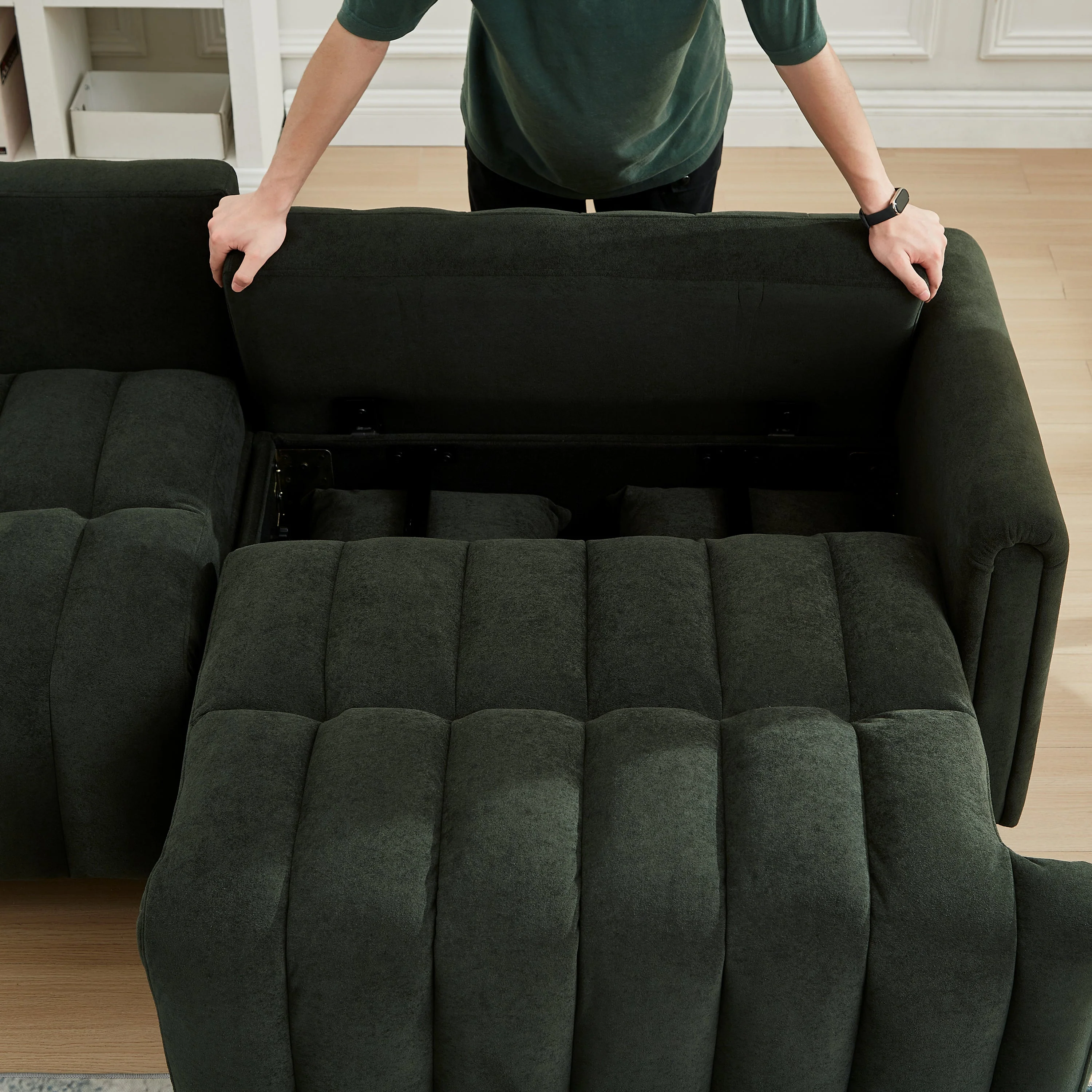 83'' Futon Sofa Bed with Polyester Fabric and 2 Pillows - Dark Green - Image 11