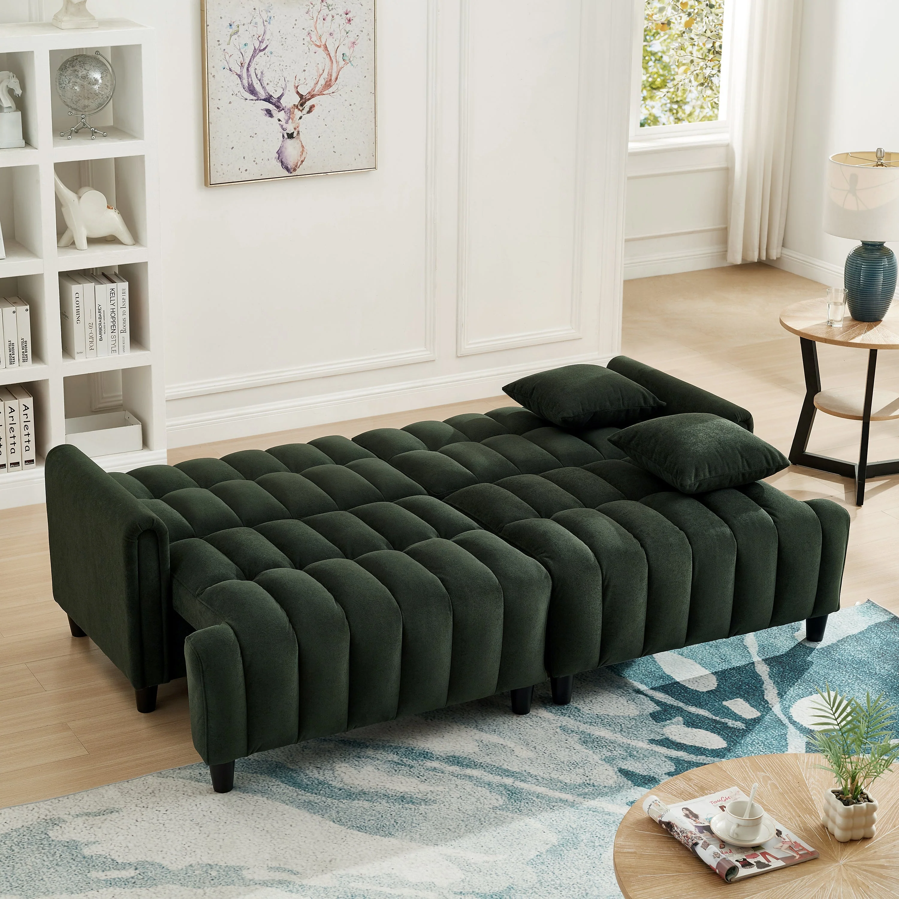 83'' Futon Sofa Bed with Polyester Fabric and 2 Pillows - Dark Green - Image 3