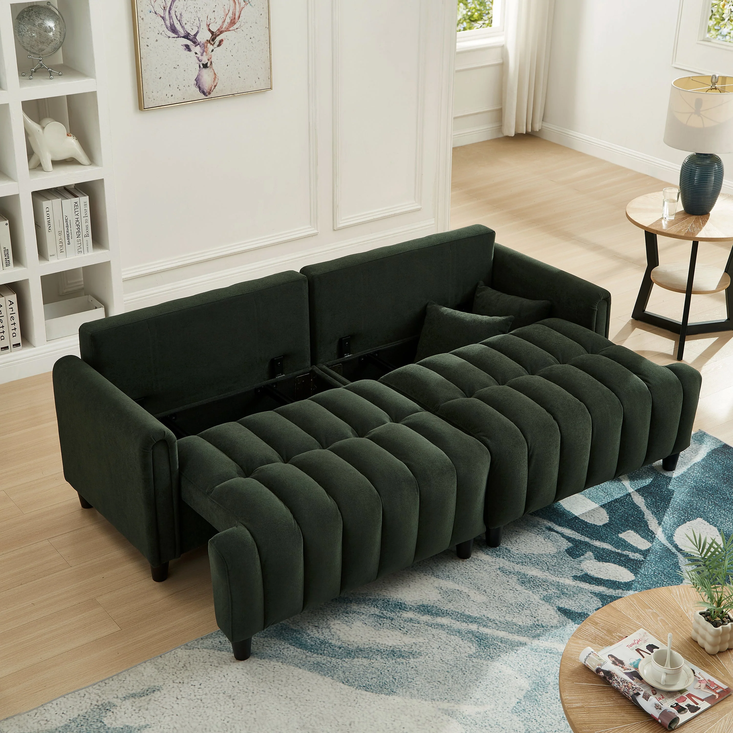 83'' Futon Sofa Bed with Polyester Fabric and 2 Pillows - Dark Green - Image 4