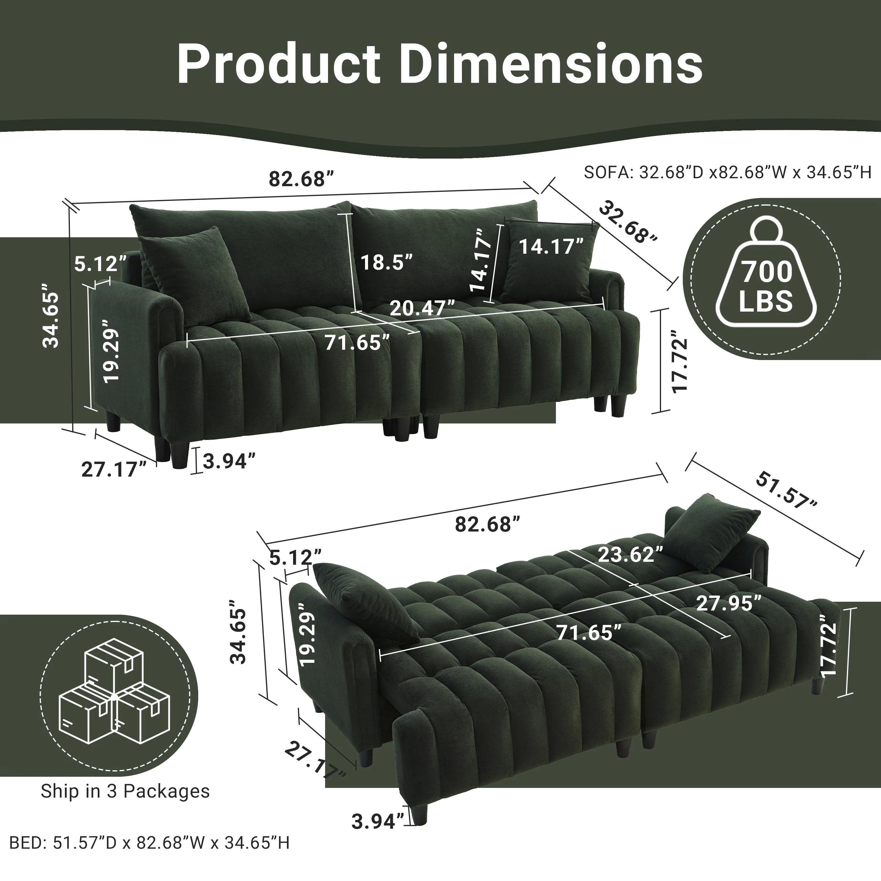 83'' Futon Sofa Bed with Polyester Fabric and 2 Pillows - Dark Green - Image 5