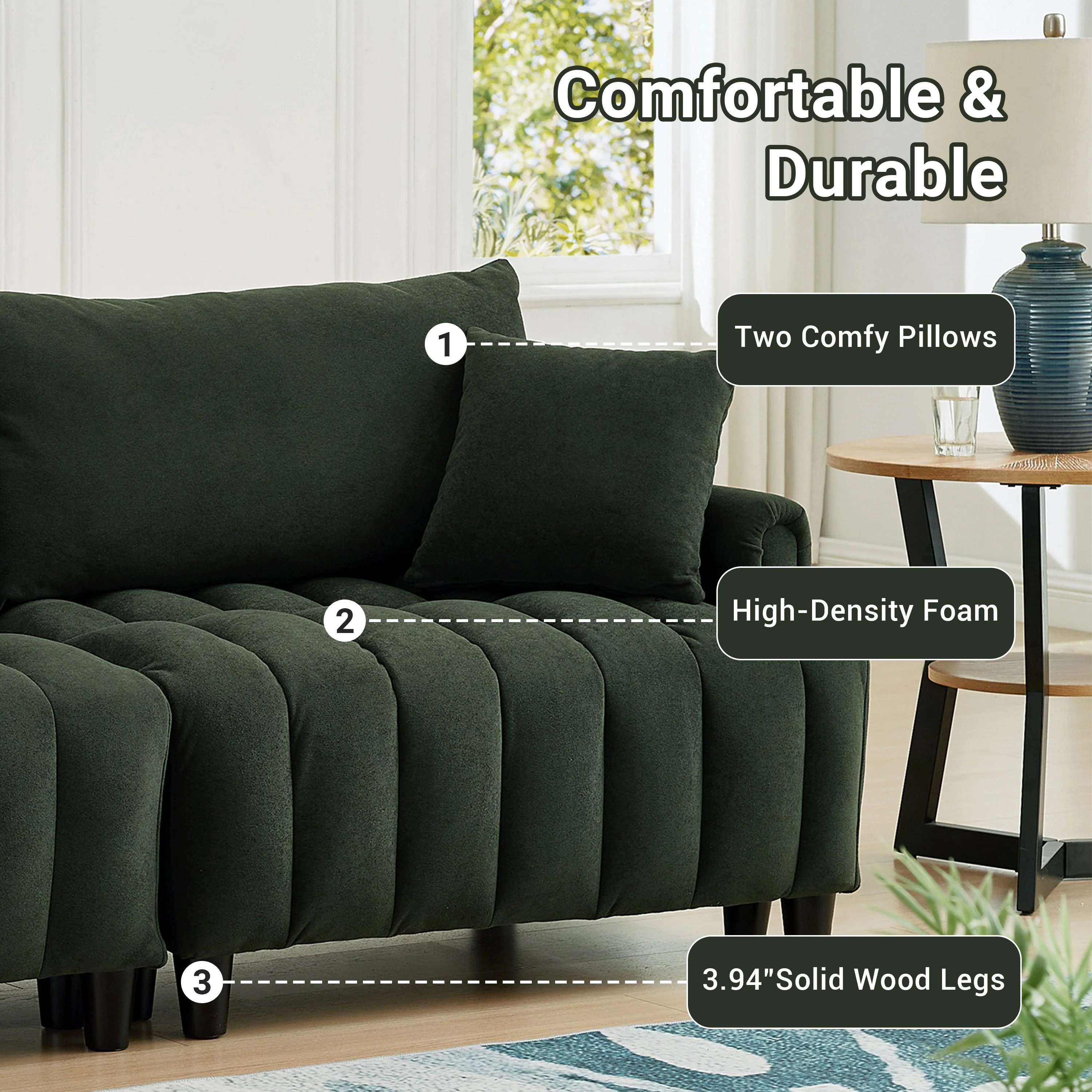 83'' Futon Sofa Bed with Polyester Fabric and 2 Pillows - Dark Green - Image 6