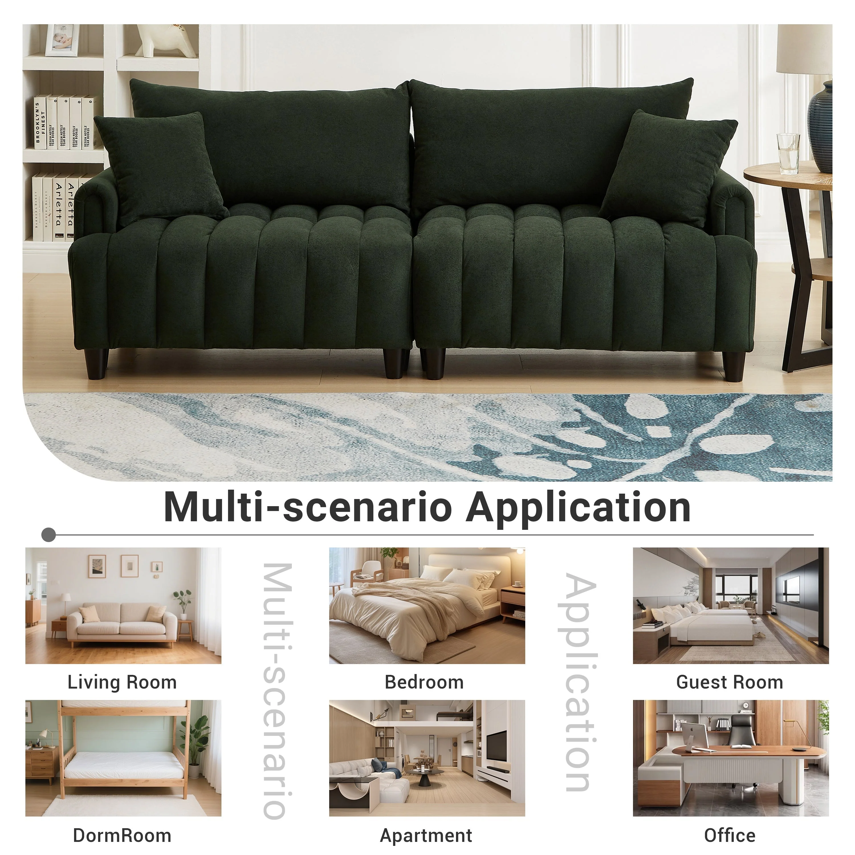 83'' Futon Sofa Bed with Polyester Fabric and 2 Pillows - Dark Green - Image 7