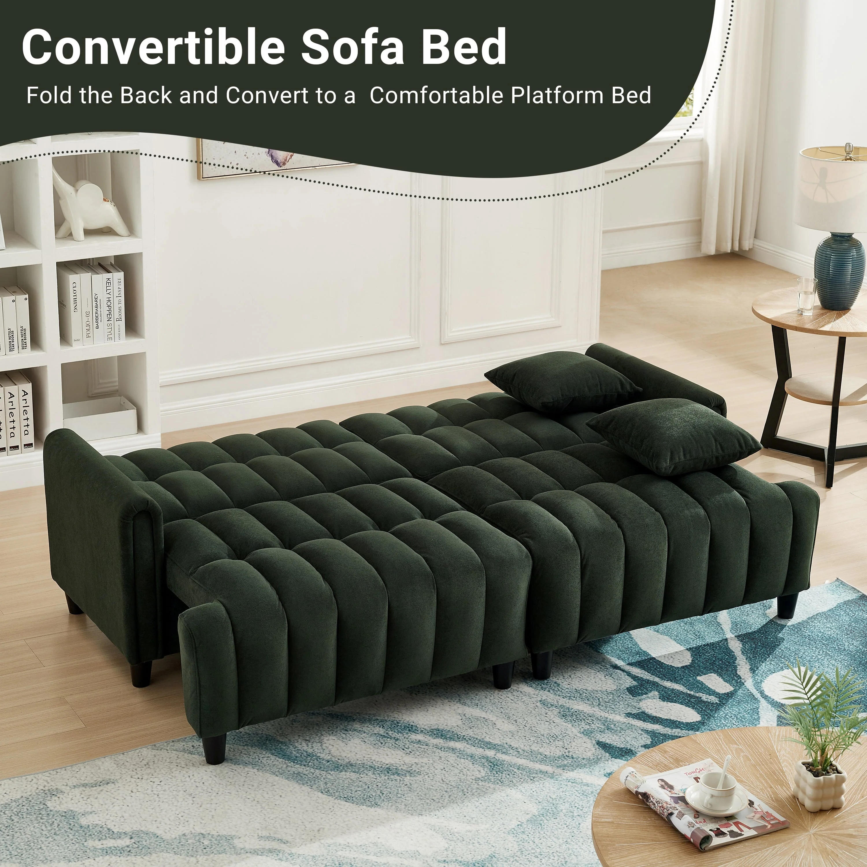 83'' Futon Sofa Bed with Polyester Fabric and 2 Pillows - Dark Green - Image 8