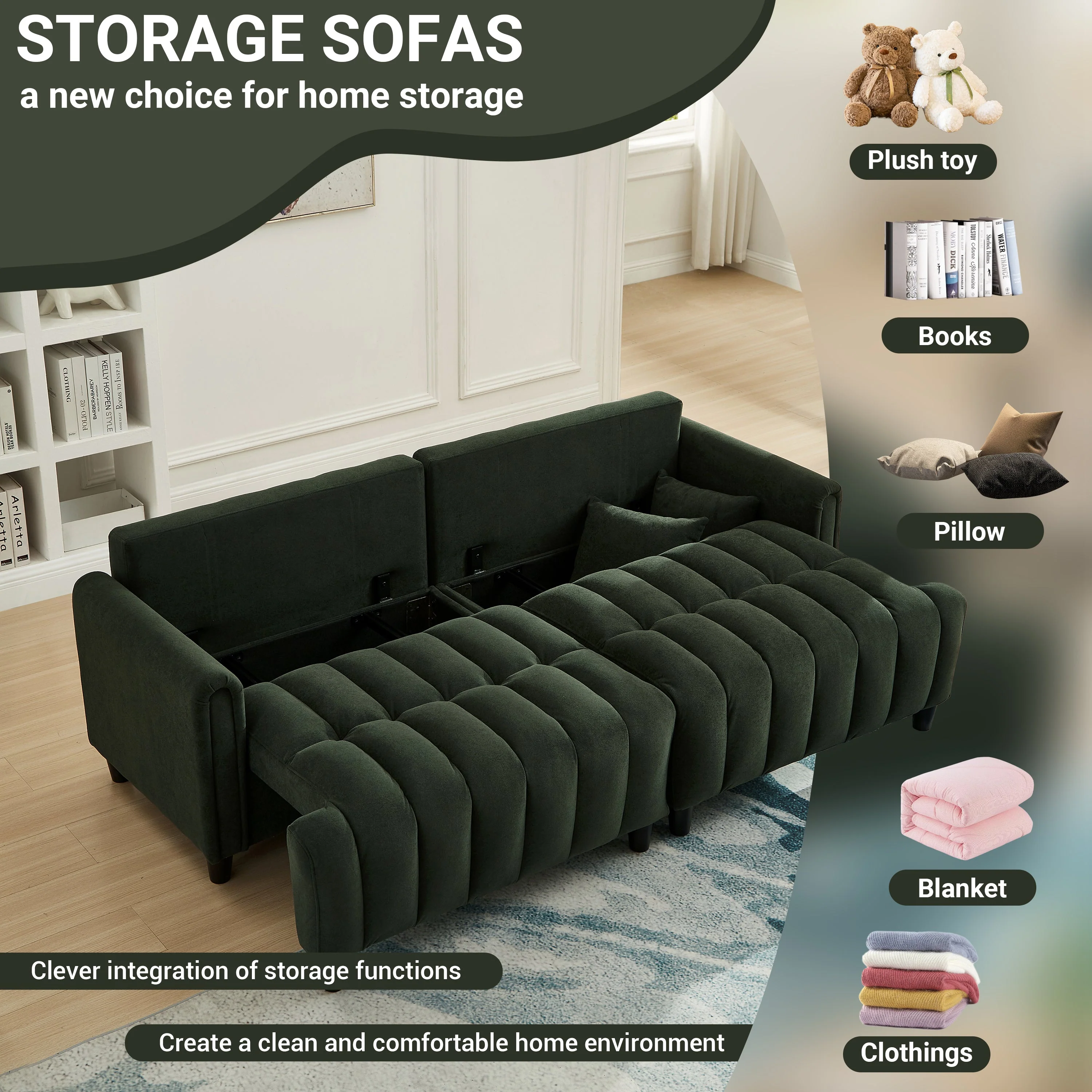 83'' Futon Sofa Bed with Polyester Fabric and 2 Pillows - Dark Green - Image 9