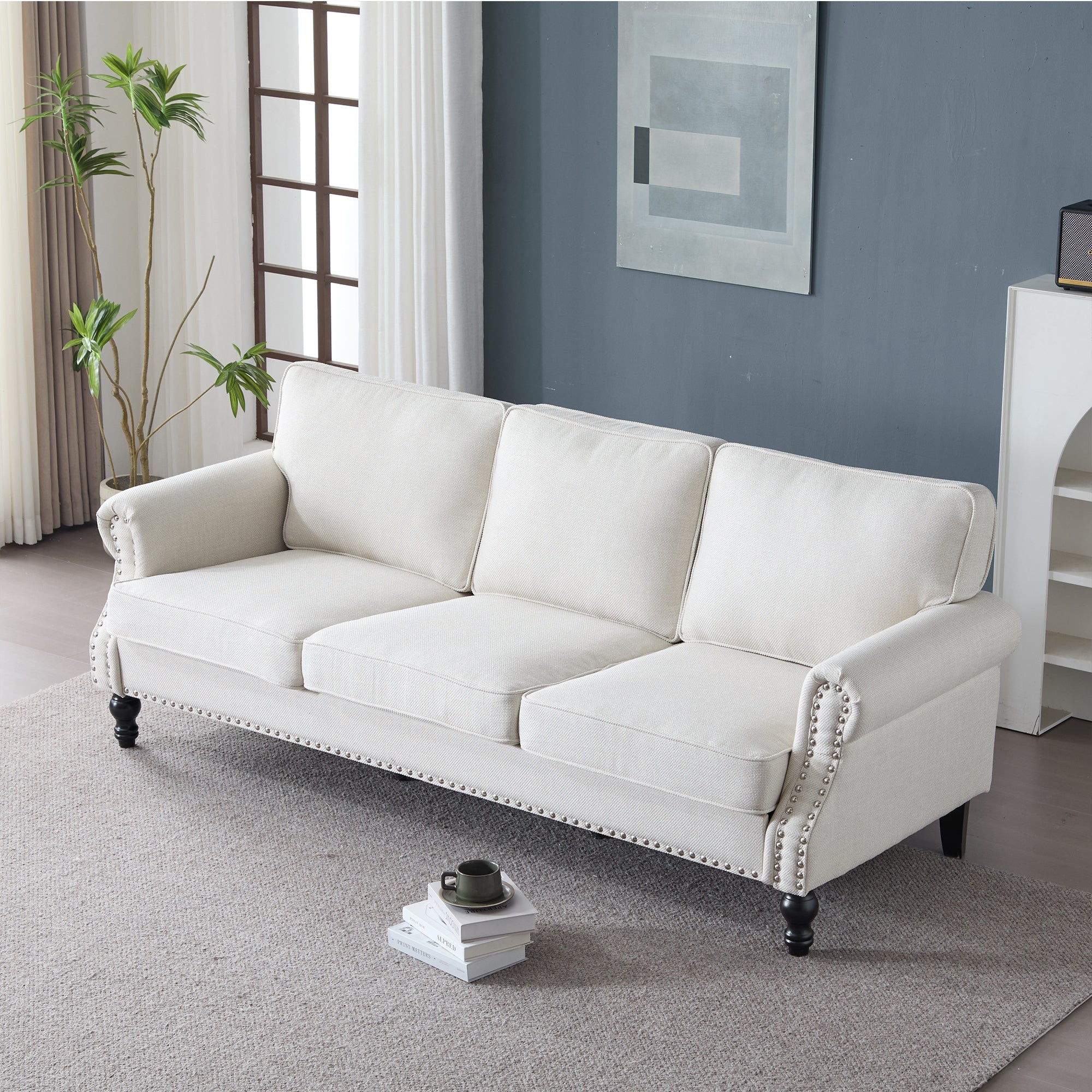 83 Inch Faux Leather Rolled Arm Sofa with Nailhead Trim - Image 2
