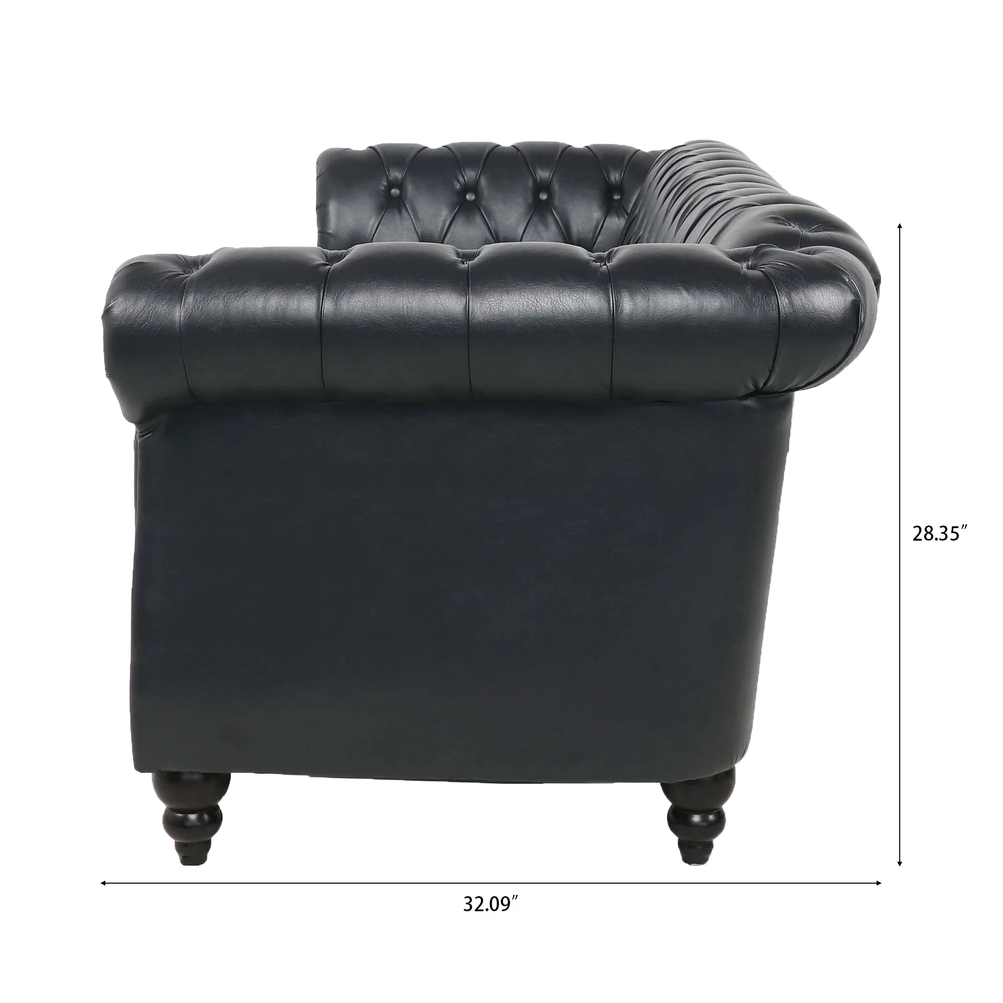 84.65' BLACK PU Rolled Arm Chesterfield Three Seater Sofa. - Image 11