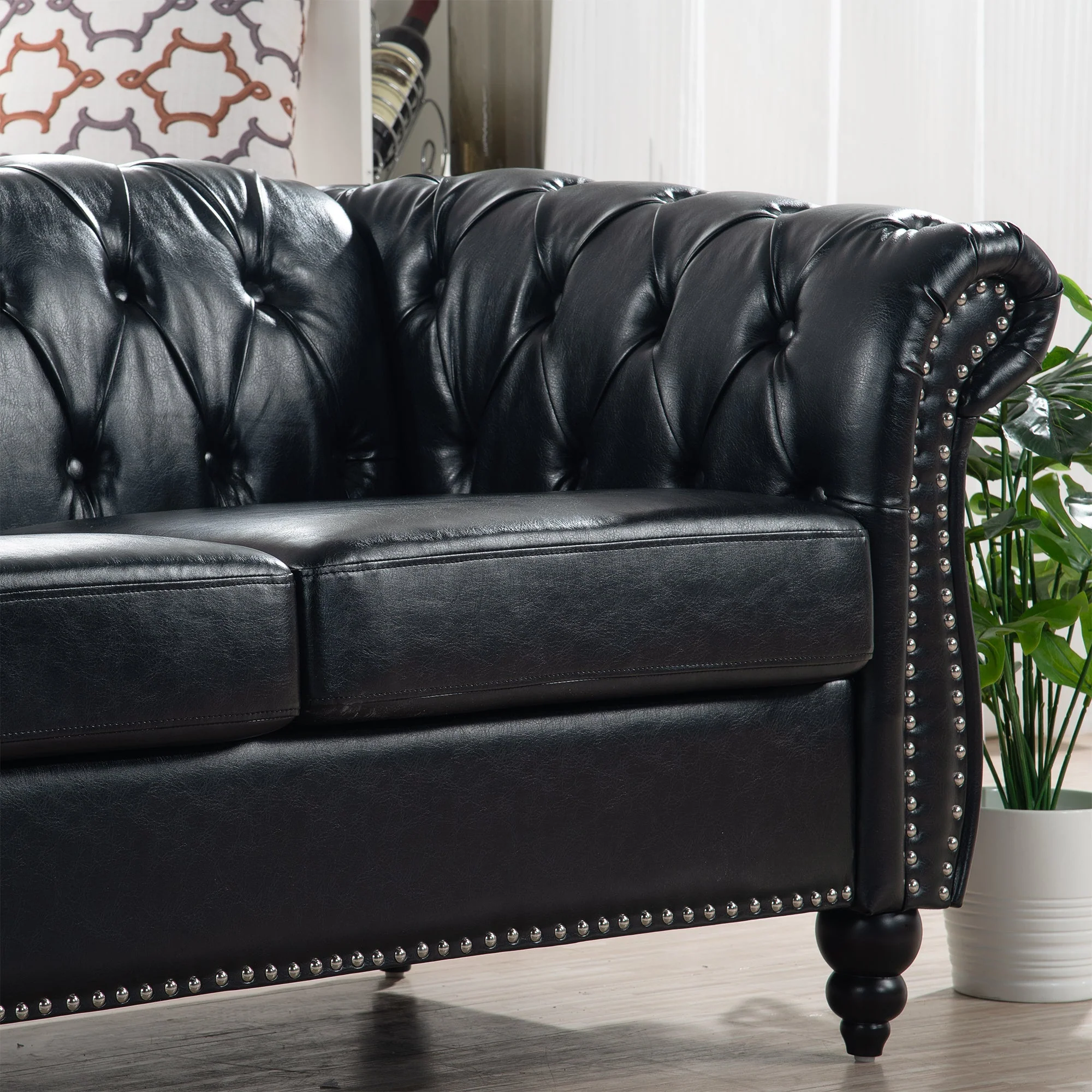84.65' BLACK PU Rolled Arm Chesterfield Three Seater Sofa. - Image 12