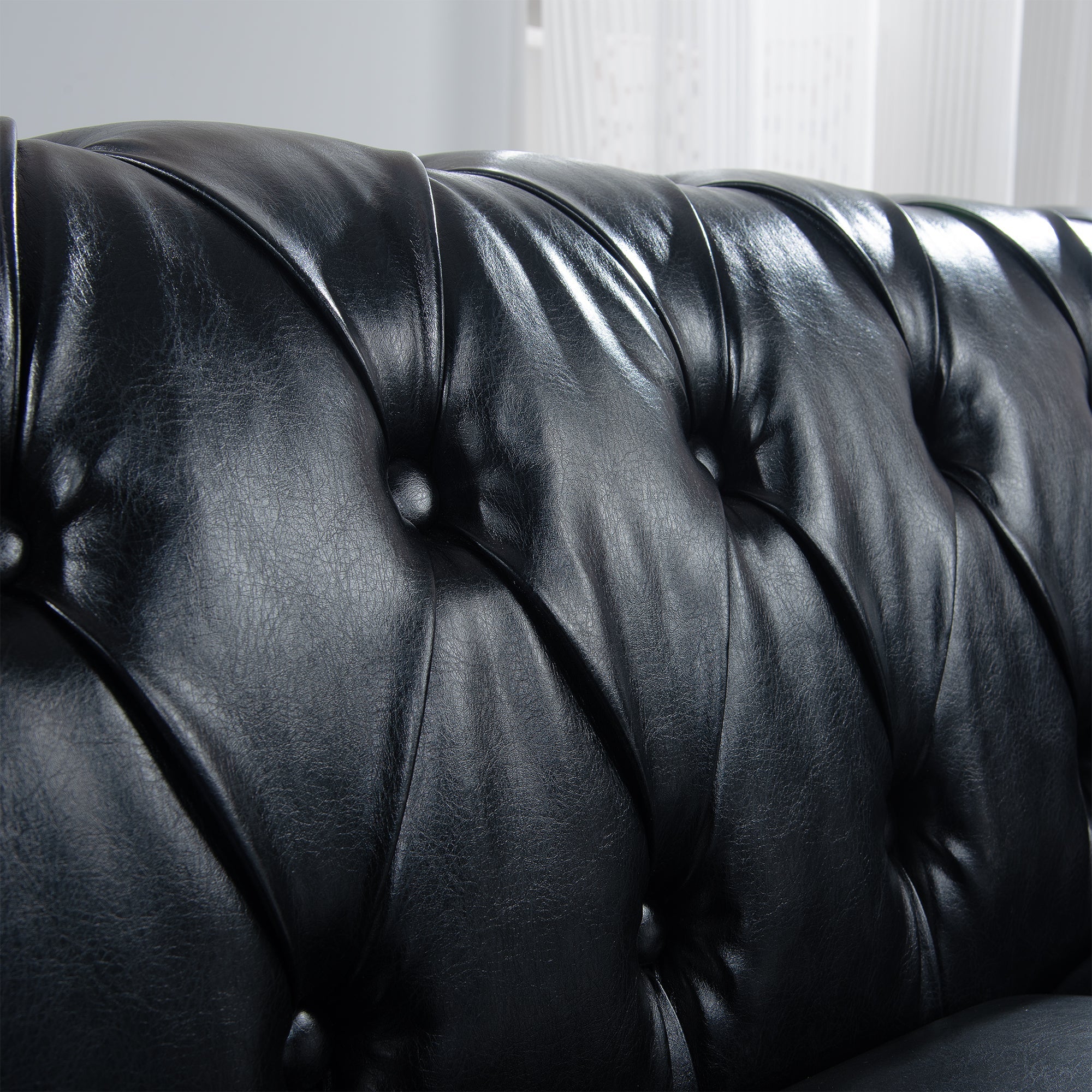 84.65' BLACK PU Rolled Arm Chesterfield Three Seater Sofa. - Image 13
