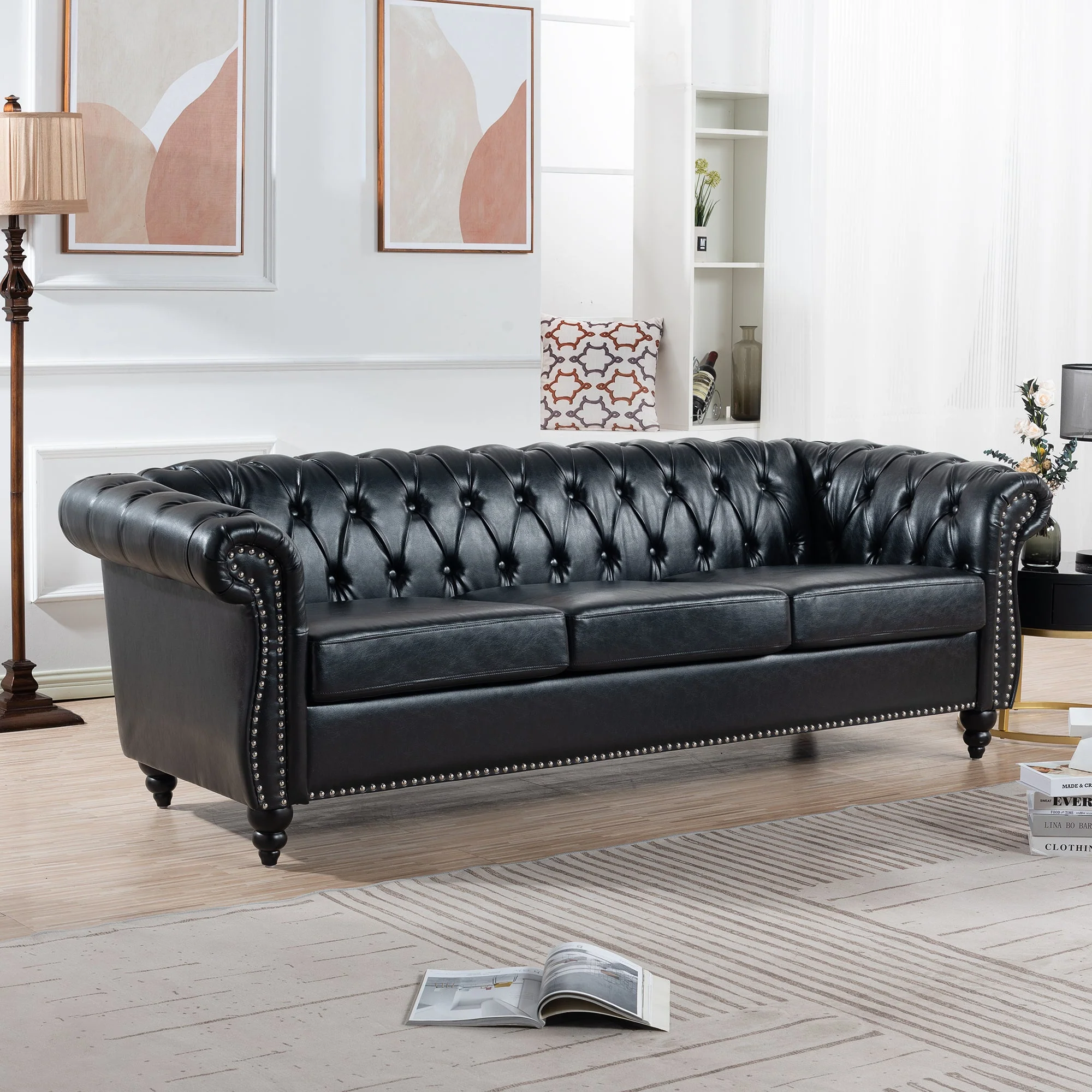 84.65' BLACK PU Rolled Arm Chesterfield Three Seater Sofa. - Image 2