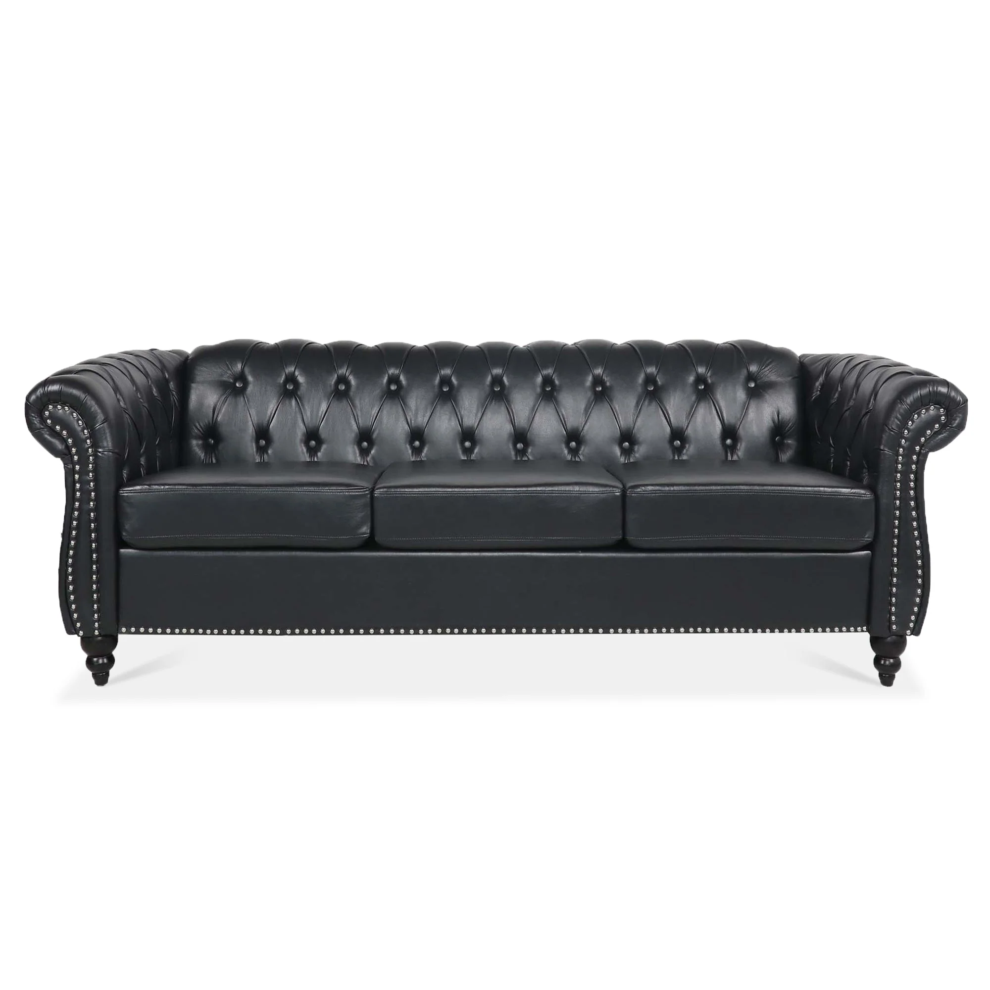 84.65' BLACK PU Rolled Arm Chesterfield Three Seater Sofa. - Image 3