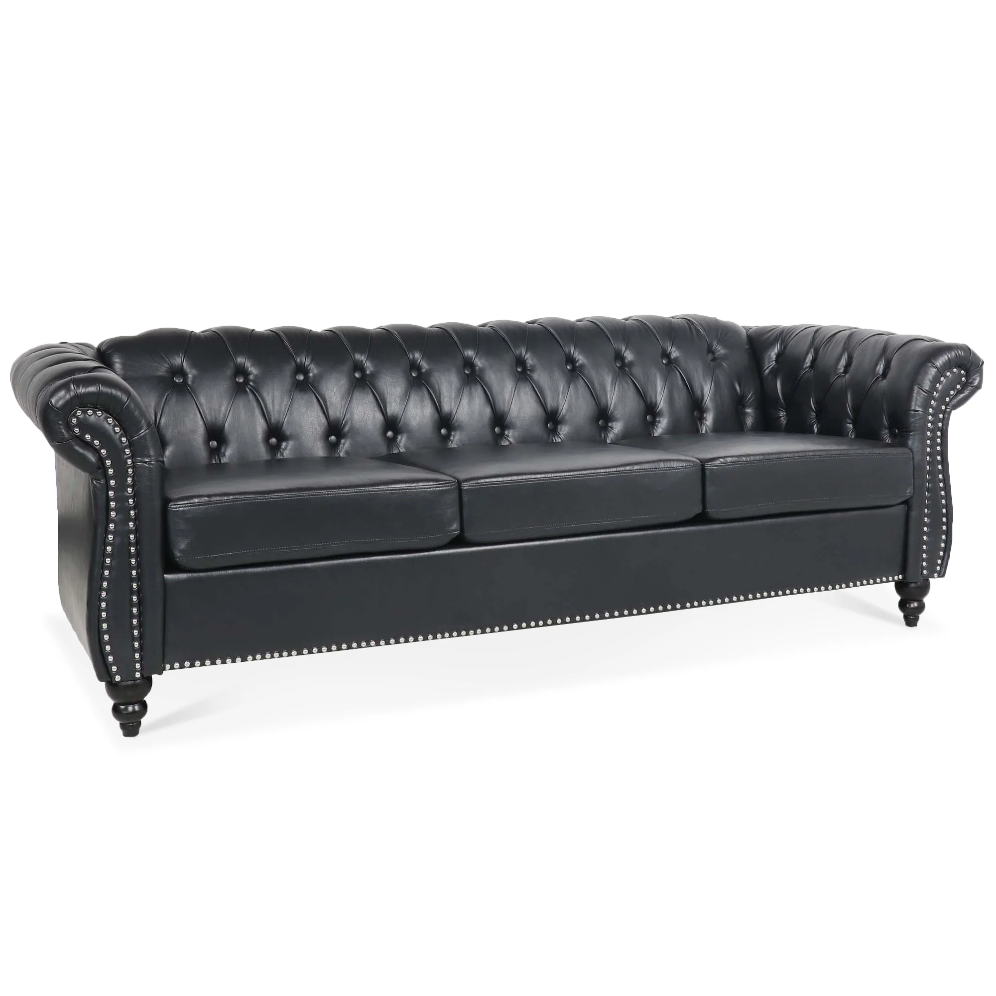 84.65' BLACK PU Rolled Arm Chesterfield Three Seater Sofa. - Image 4